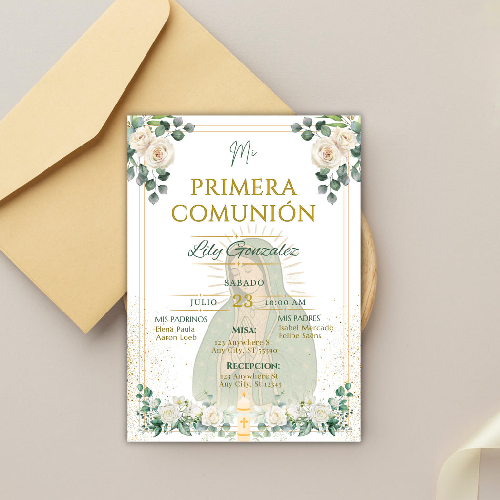 Spanish First Communion Invitation, Mi Primera Comunion Virgen de Guadalupe, Editable Invite Religious Event