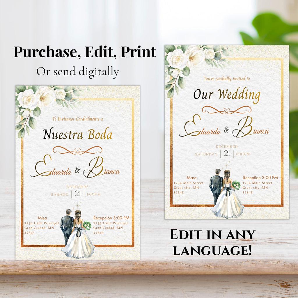 Elegant Spanish Wedding Invitation, Gold Floral design Template, Bilingual Editable Digital Invite