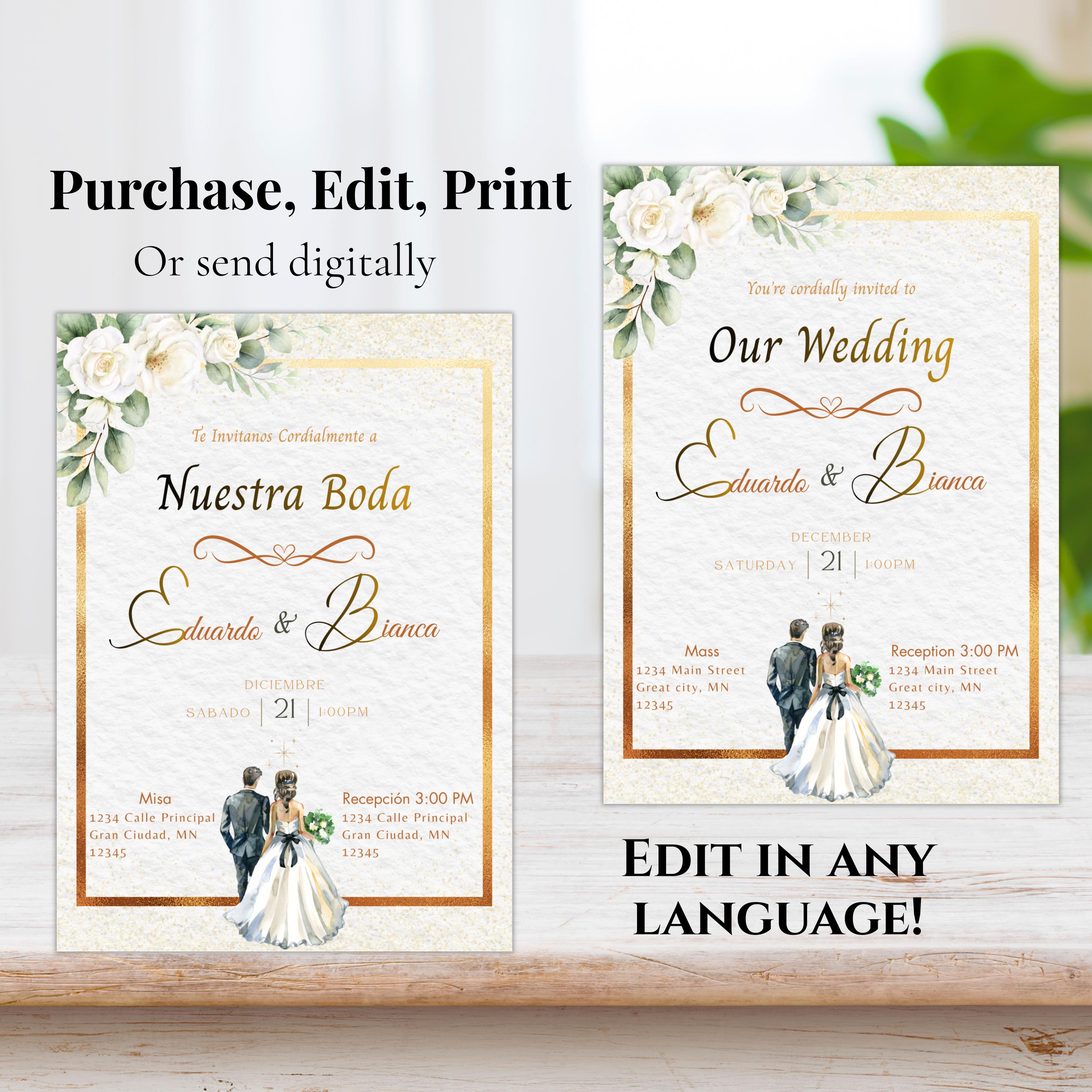 Elegant Spanish Wedding Invitation, Gold Floral design Template, Bilingual Editable Digital Invite