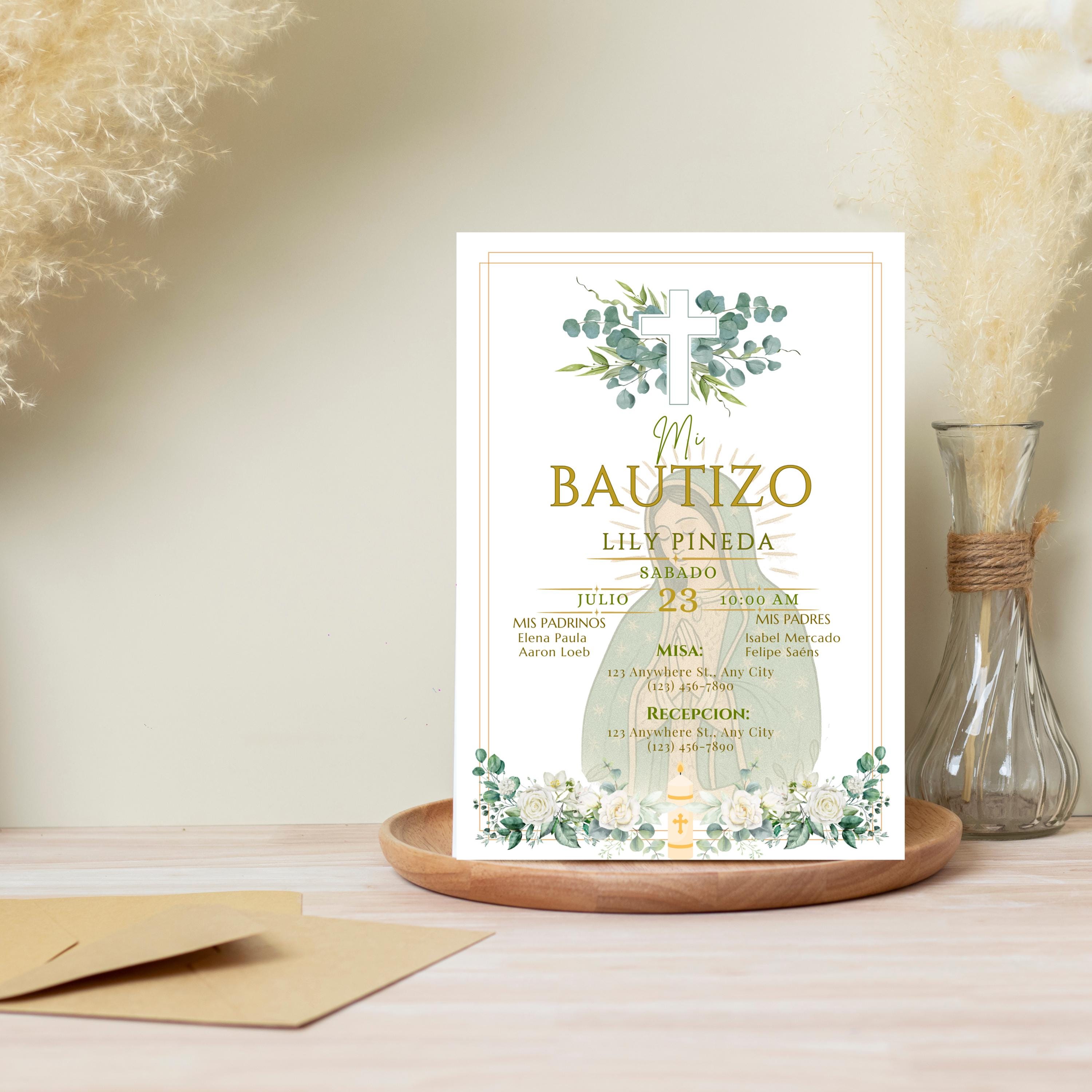 Virgin of Guadalupe Baptism Invitation, Floral Spanish Bautismo (PDF File)