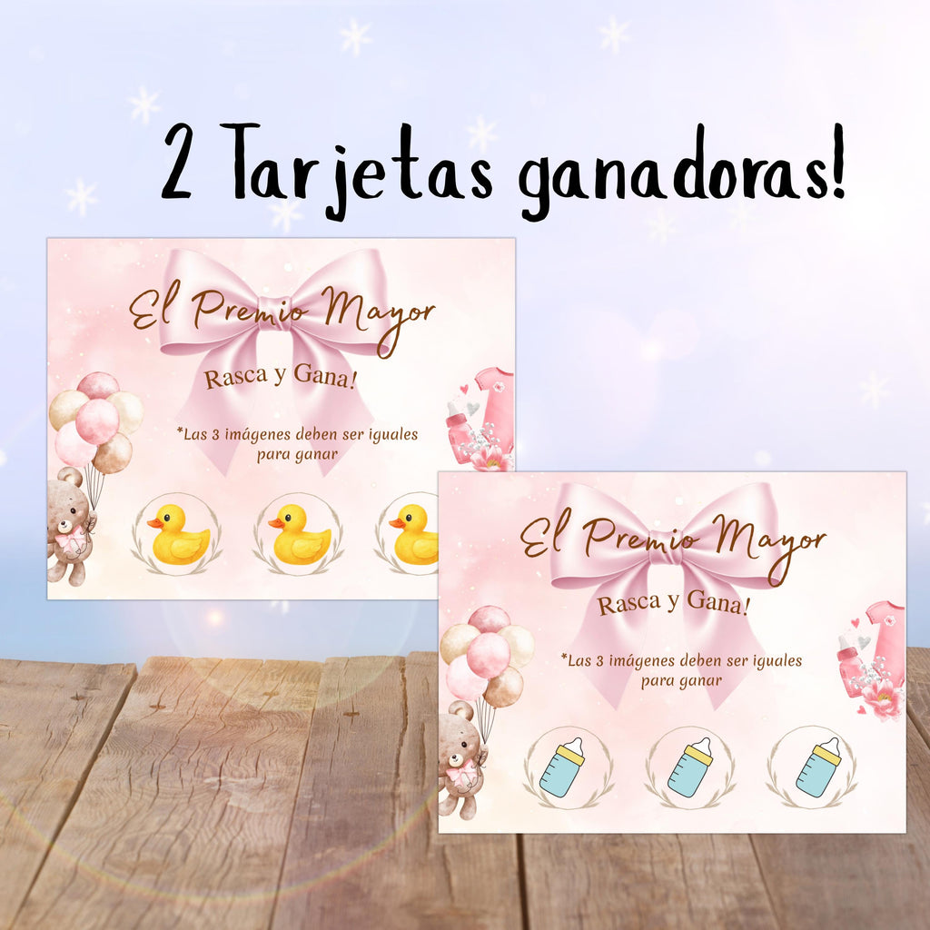 Juego de Baby Shower, El Premio Major, Spanish Pink Bow Scratch-off Game Cards