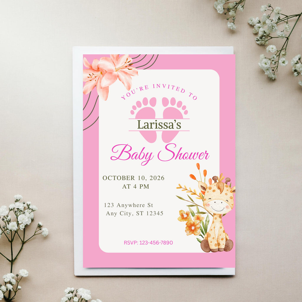 Editable Baby Shower Invitation Girl, Personalized Pink Party Invite, Canva Template, Instant Download