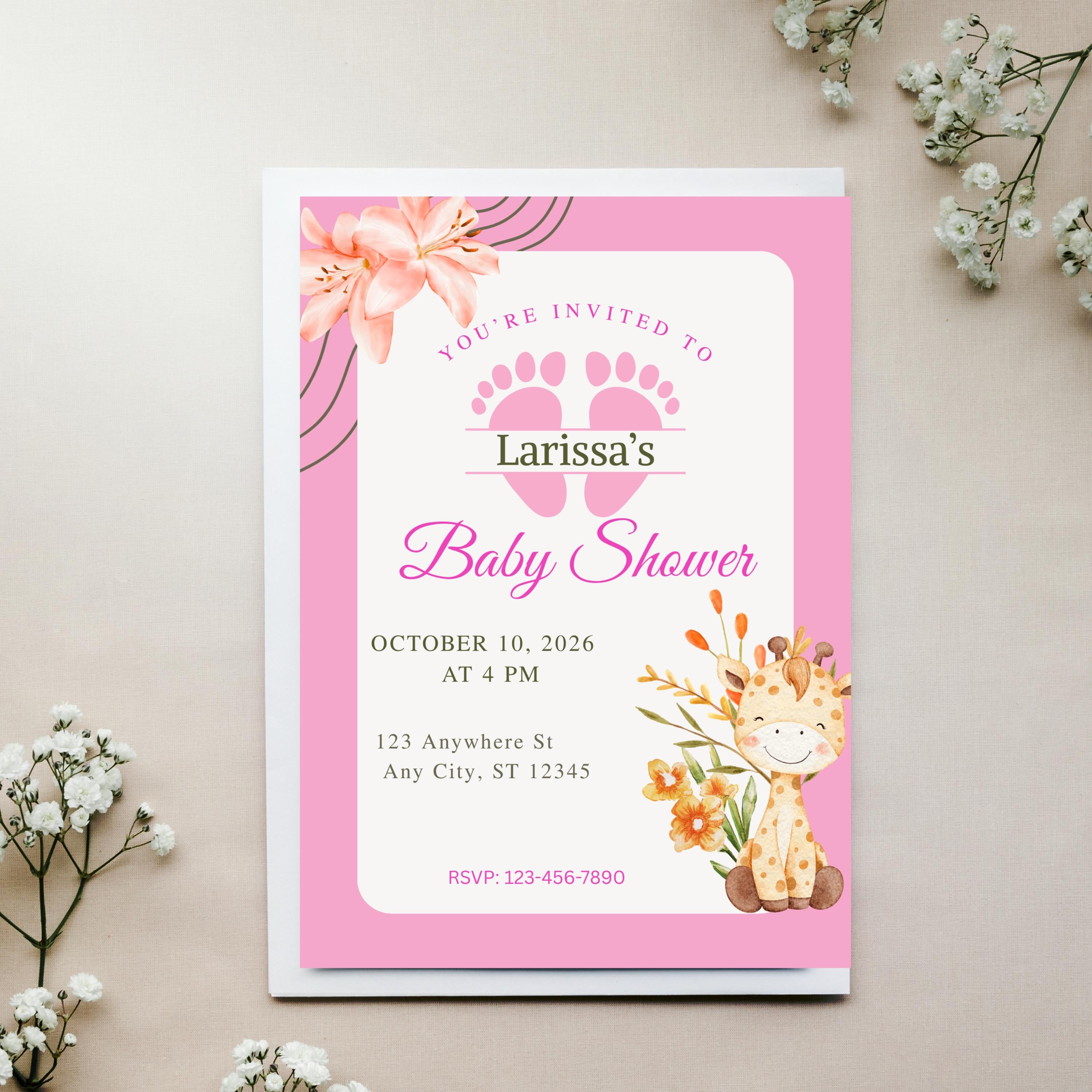 Editable Baby Shower Invitation Girl, Personalized Pink Party Invite, Canva Template, Instant Download