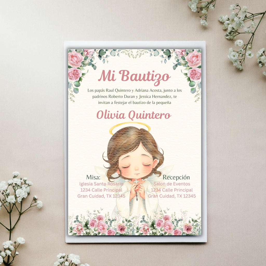 Editable Baptism Invitation, Pink & Green Floral Printable Christening Invite, Instant Download Template