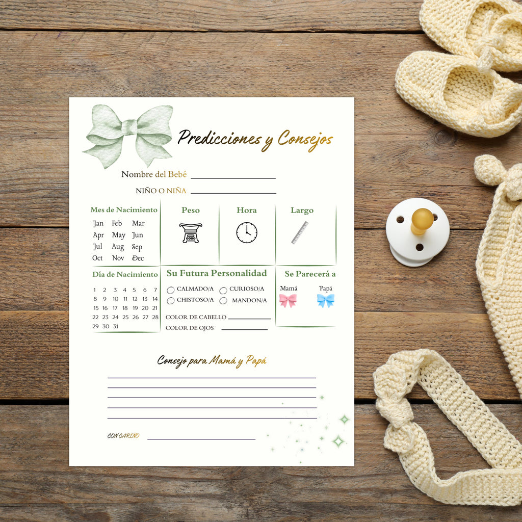 Spanish Baby Shower Prediction and Advice Card Printable, Gender Neutral Green Baby Activity Game