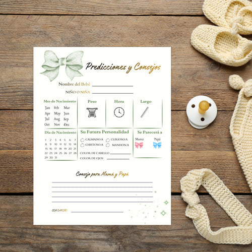 Baby Shower Predictions & Advice Cards – Neutral Green | Spanish Cards For Future Parents