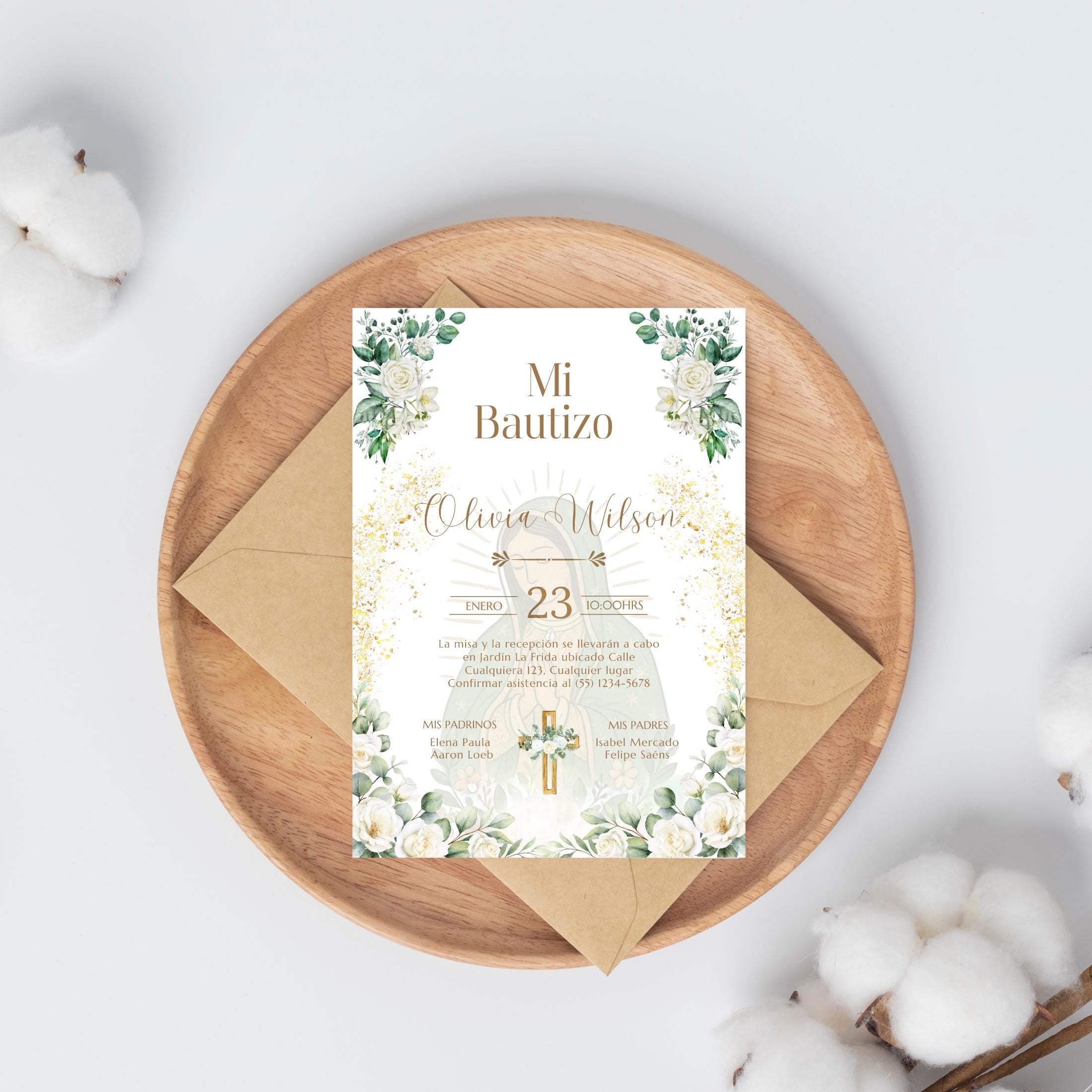 Invitacio de Bautizo Para Nina o Nino, Virgen de Guadalupe Boho Floral Invite Design