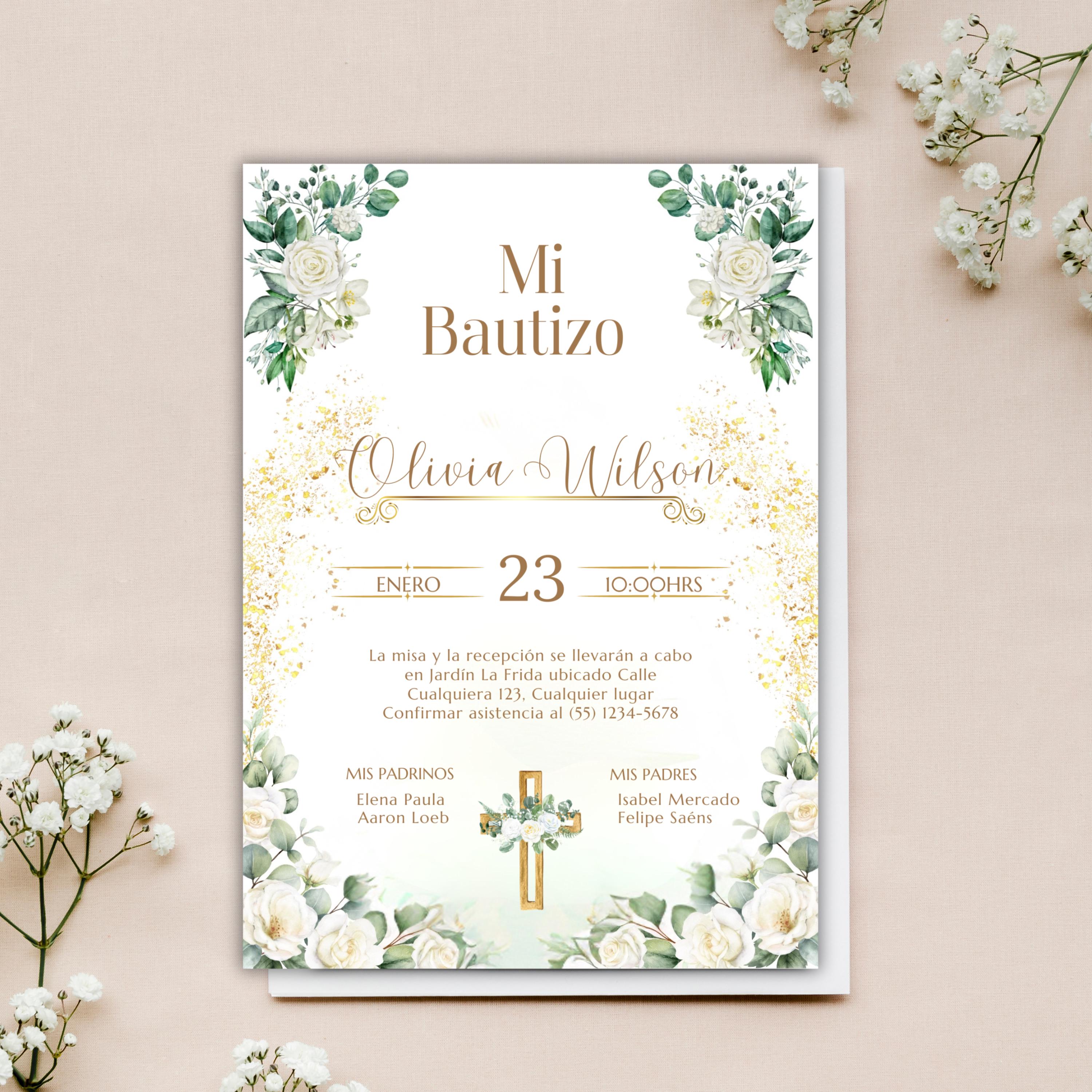 Elegant Floral Bautizo Invitation: Editable Digital Template, Baptism Invite