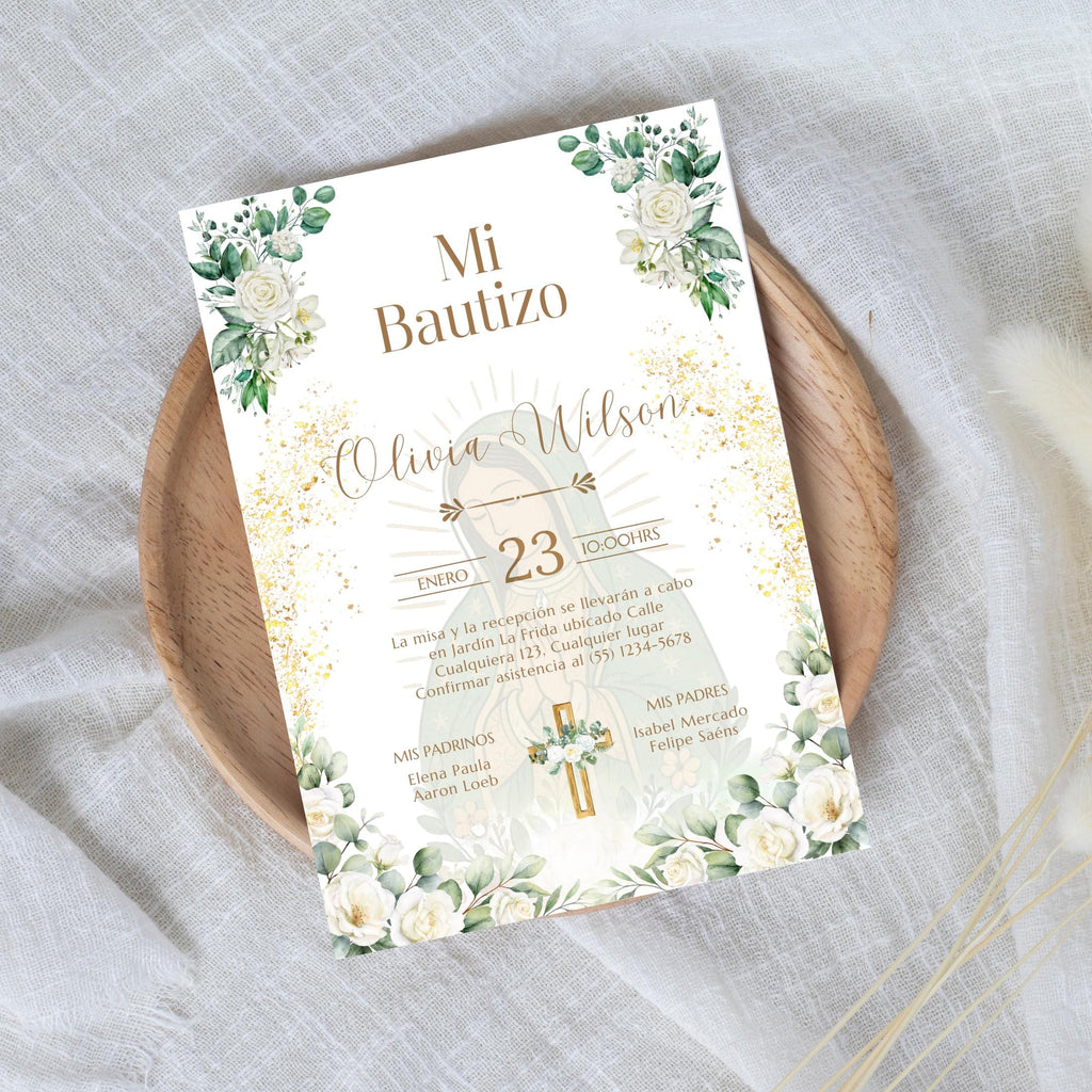 Virgen de Guadalupe Baptism Invitation: Boho Floral Design (Digital Download 5x7) Spanish/English Invite