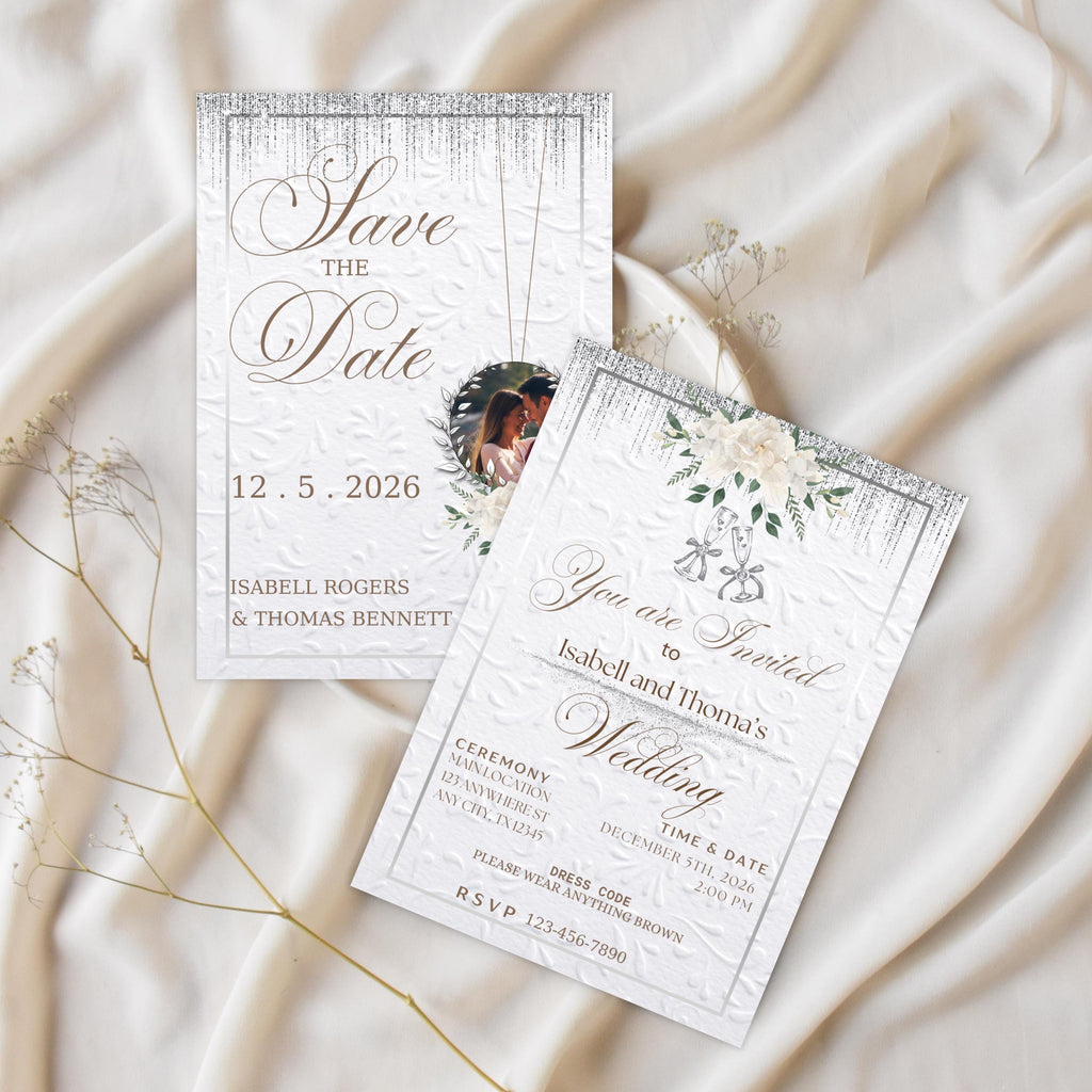 Wedding Invitation and Save the Date Set, White and Silver Elegant Invite, Digital Canva Template