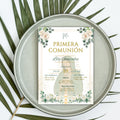 La Virgen De Guadalupe First Communion Invitation: Green & Gold Floral design Invite
