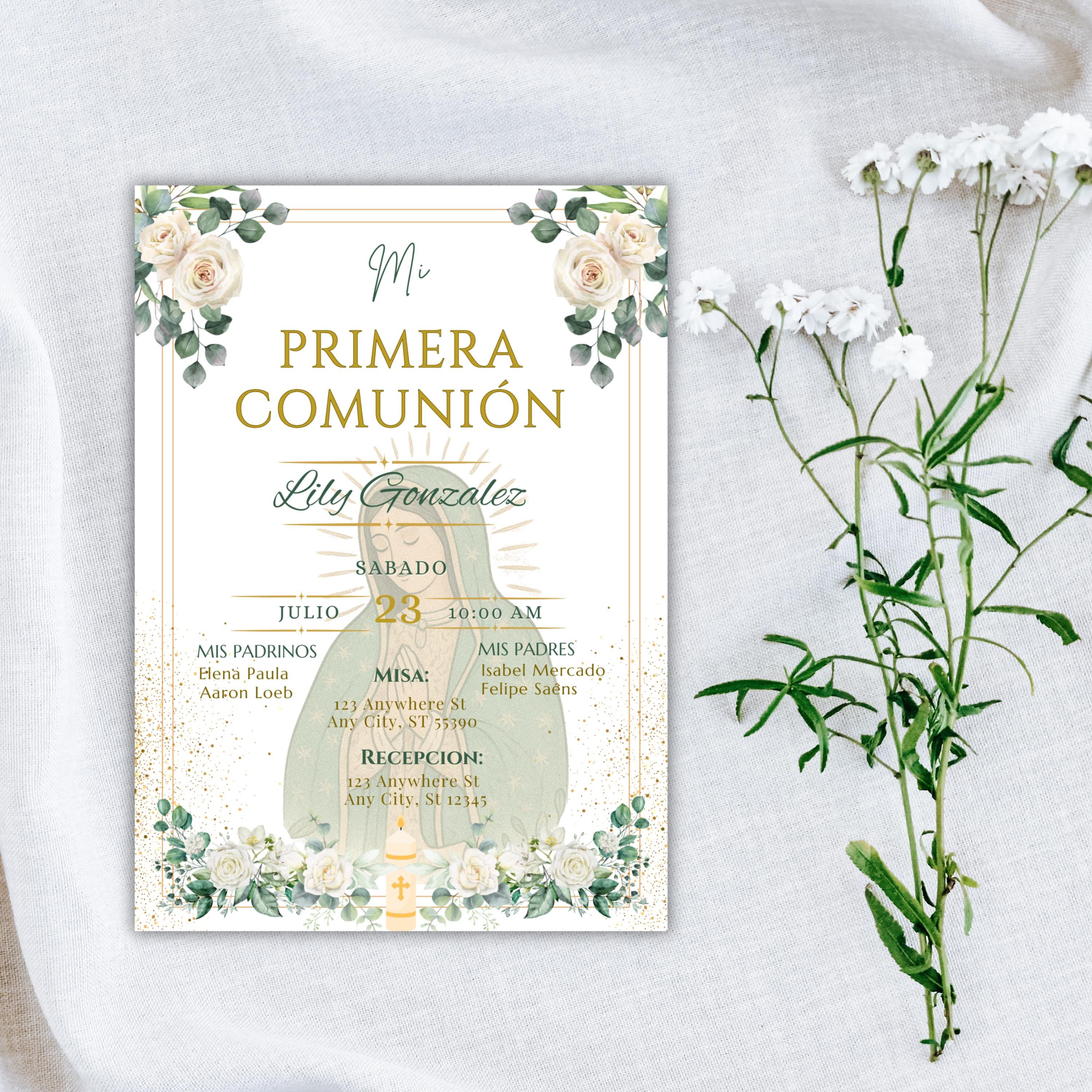 Invitación Mi Primera Comunión Niño o Niña, Invitacion Virgen de Guadalupe Para Evento Religioso