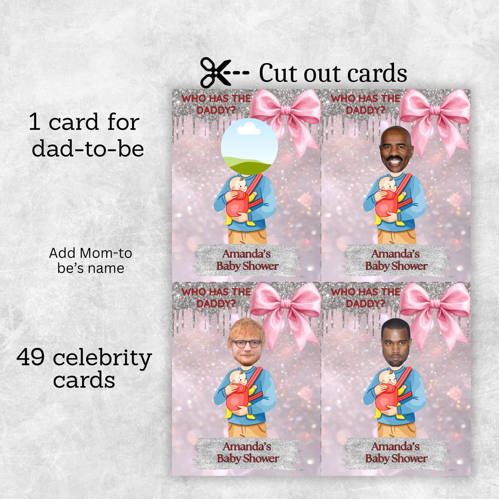 Digital Baby Shower Game, Who Has The Daddy, Coquette Pink and Silver Theme Scratch-Off Cards