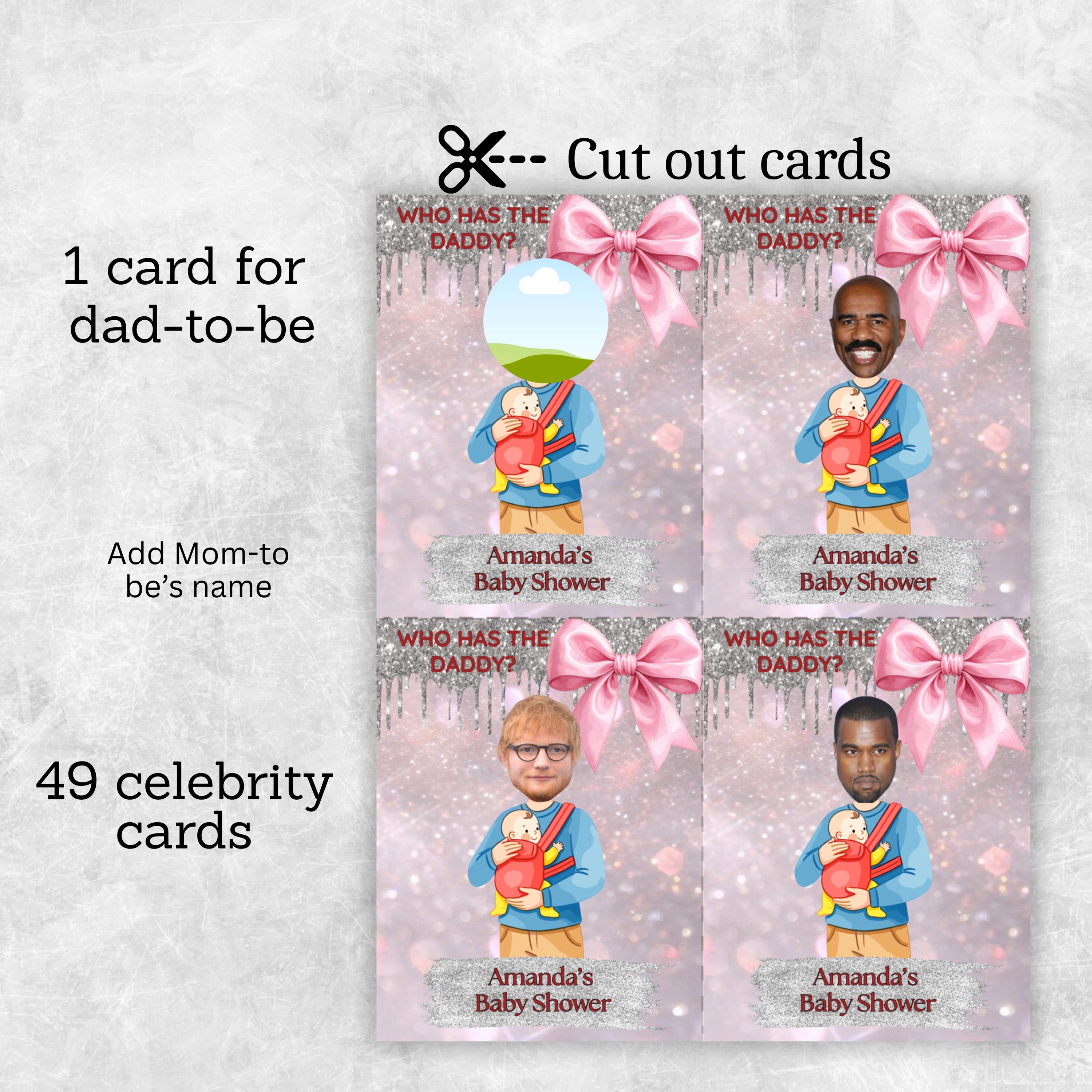 Digital Baby Shower Game, Who Has The Daddy, Coquette Pink and Silver Theme Scratch-Off Cards