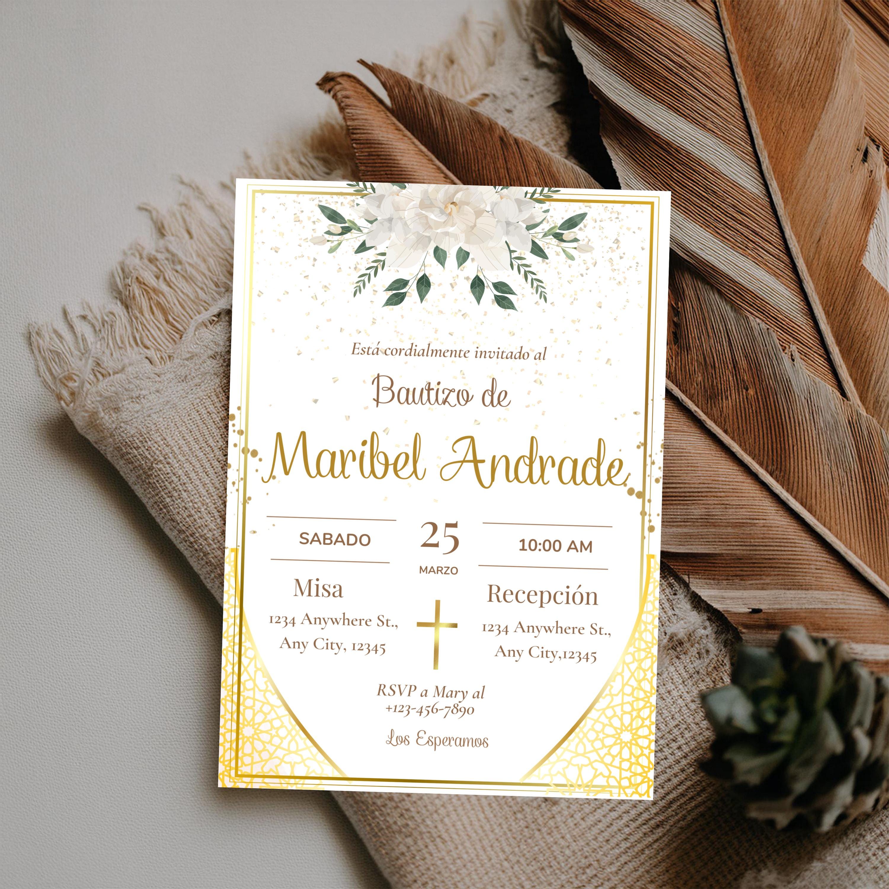 Baptism Gold Spanish Invitation Template, Elegant Mi Bautizo 5x7 Digital Invite, Printable Christening Invitation