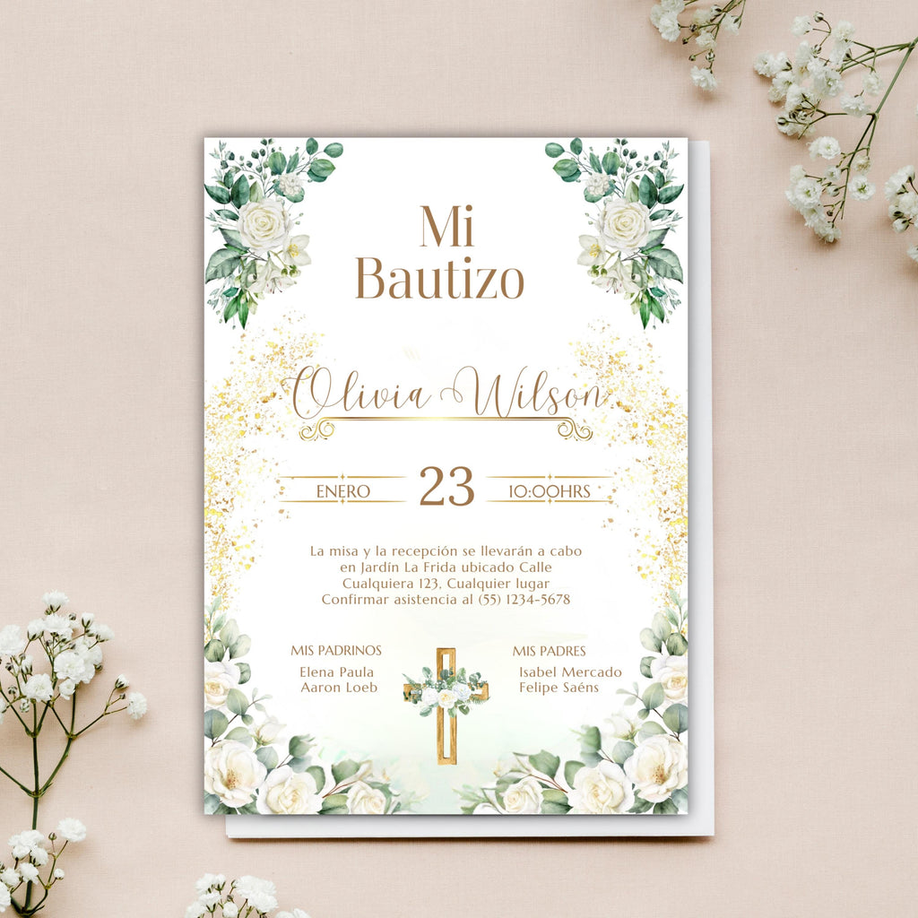 Baptism Invitation, Invitacion de Bautizo, Floral Boho Elegant Invitation for Religious Event