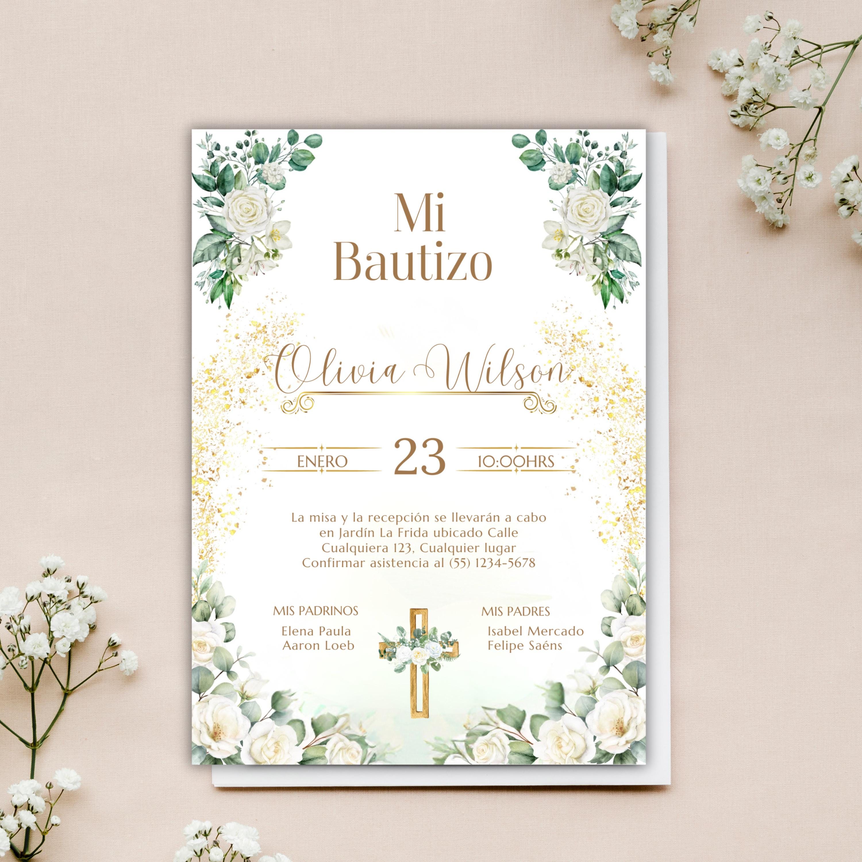 Baptism Invitation, Invitacion de Bautizo, Floral Boho Elegant Invitation for Religious Event
