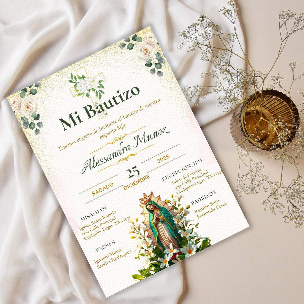 Virgen de Guadalupe Baptism Invitation: Spanish/English Boho Floral Religious Invite (Digital Download)