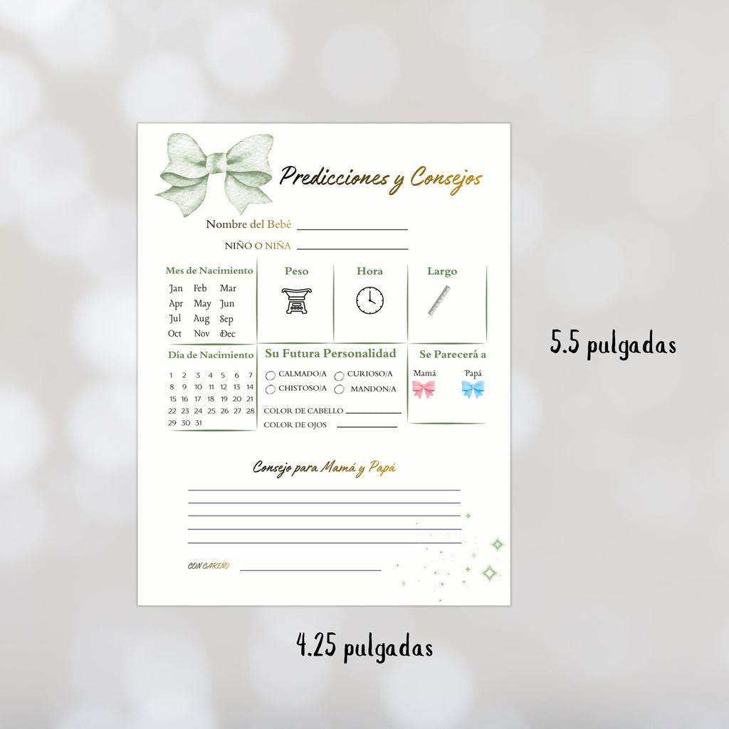 Spanish Baby Shower Prediction and Advice Card Printable, Gender Neutral Green Baby Activity Game