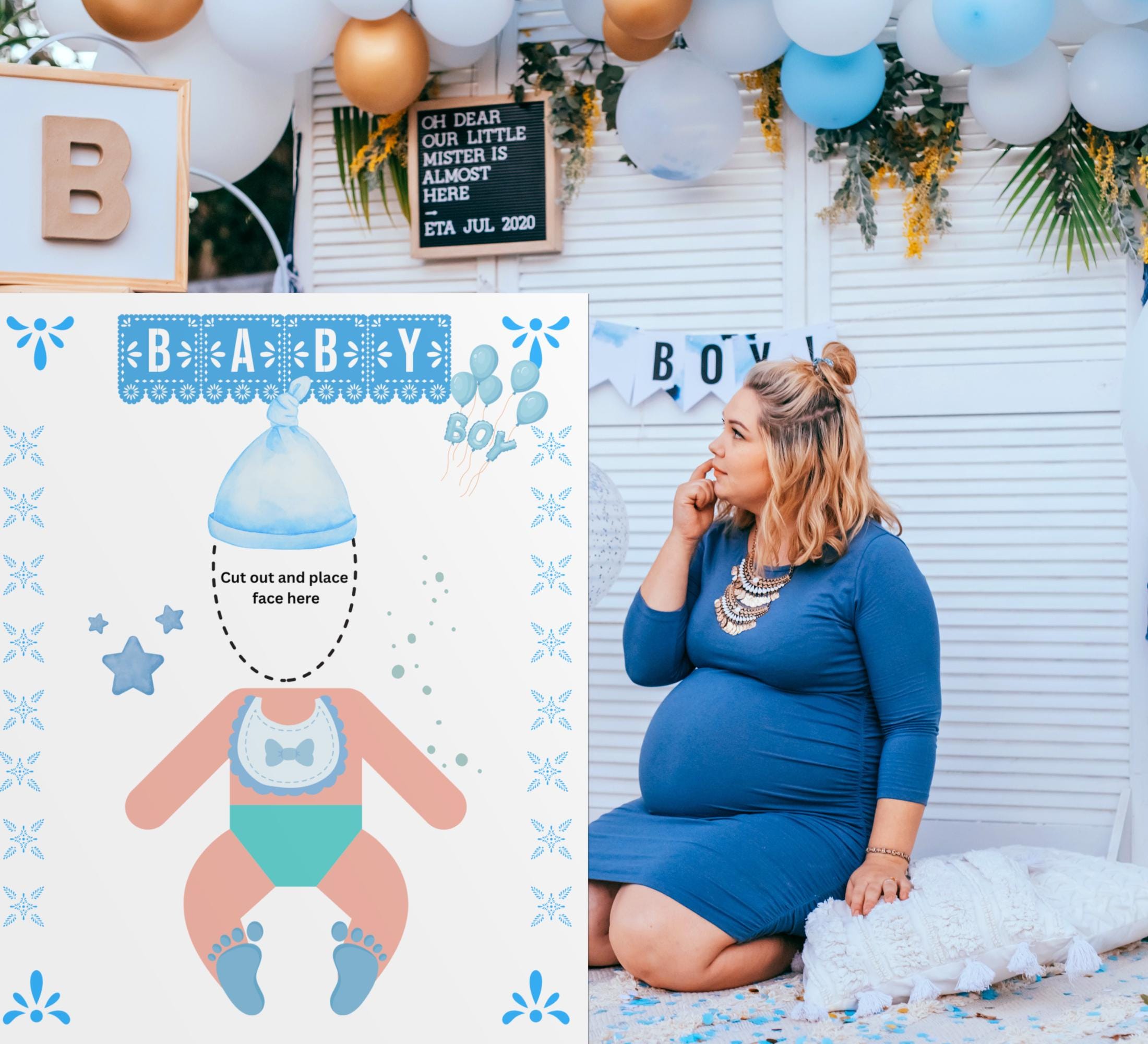 Funny Baby Shower Game: Feed the Baby Poster, Blue Theme (Digital Download) Face Cut Out
