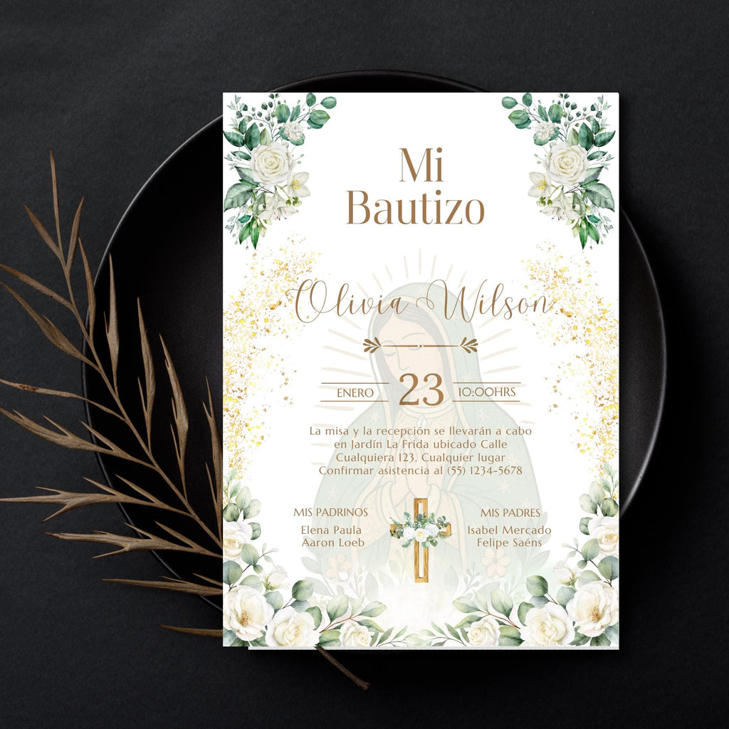 Invitacio de Bautizo Para Nina o Nino, Virgen de Guadalupe Boho Floral Invite Design