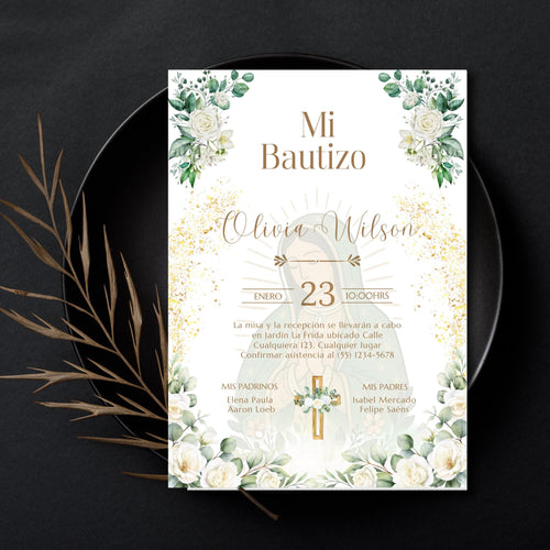 Baptism Invitation Boy or Girl – Virgin of Guadalupe Boho Floral | Digital Design