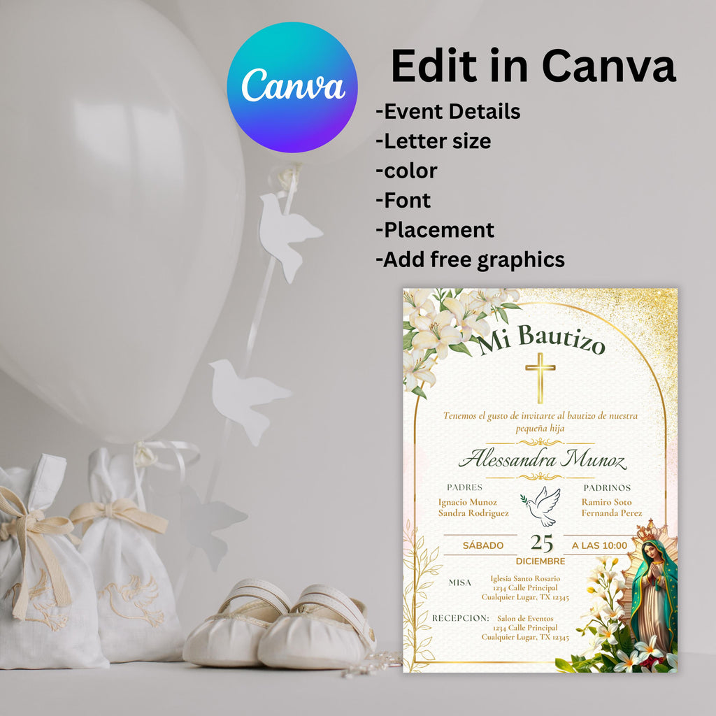 Baptism Editable Virgen de Guadalupe Invitation, Spanish/English Religious Invite,  Personalized Christening Invitation