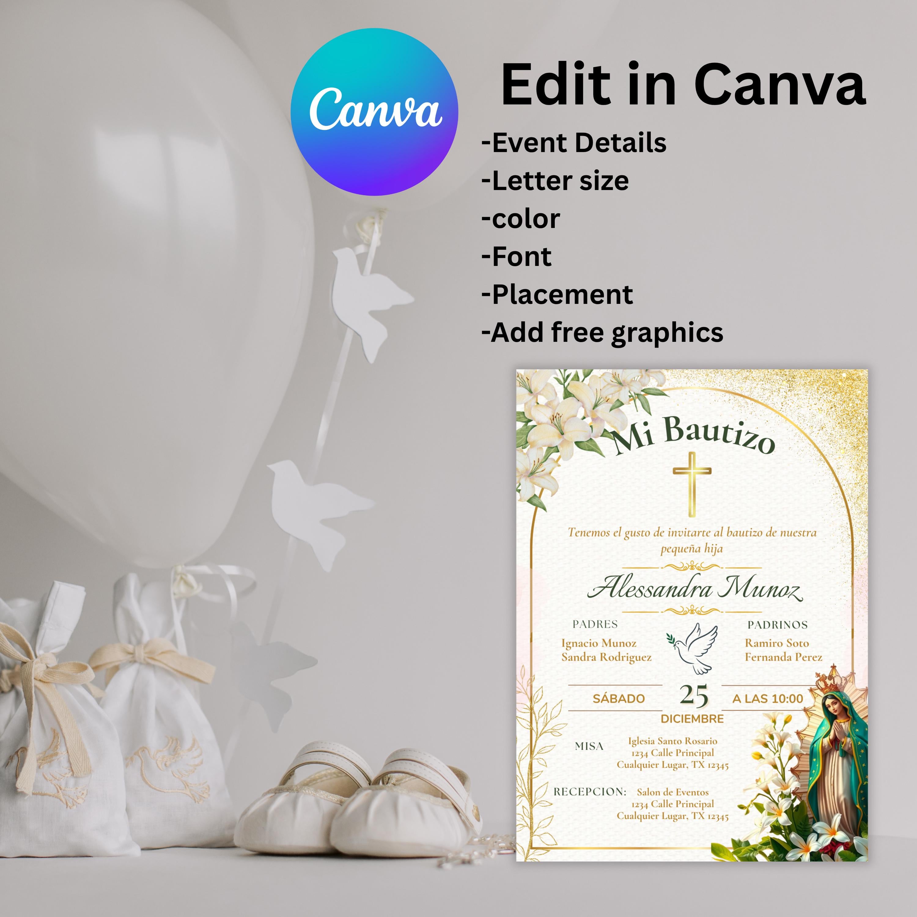 Baptism Editable Virgen de Guadalupe Invitation, Spanish/English Religious Invite,  Personalized Christening Invitation