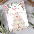 Pink Floral Spanish Baptism Invitation, Editable Elegant Christening Template, Pink Roses Invite For Girl