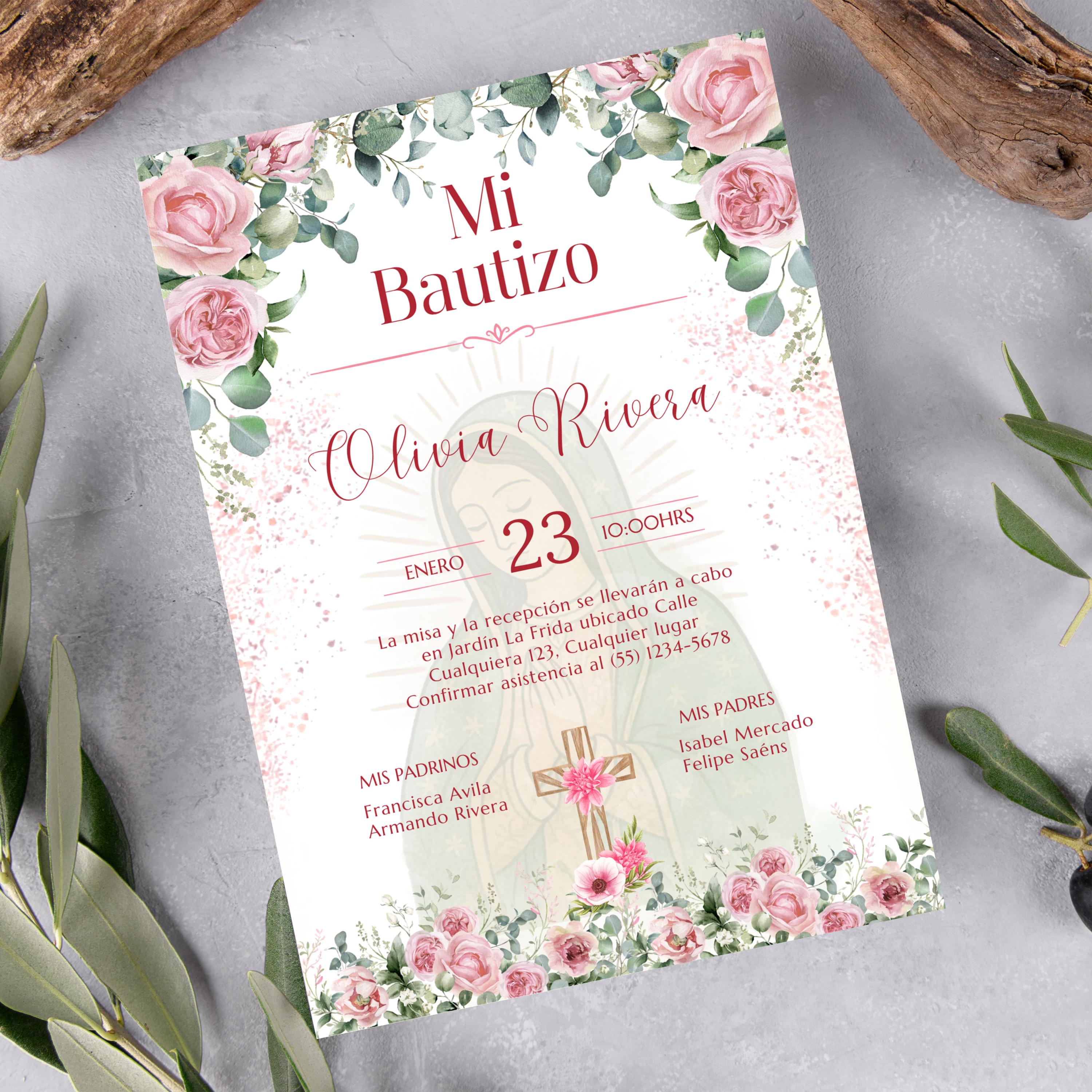 Pink Floral Spanish Baptism Invitation, Editable Elegant Christening Template, Pink Roses Invite For Girl