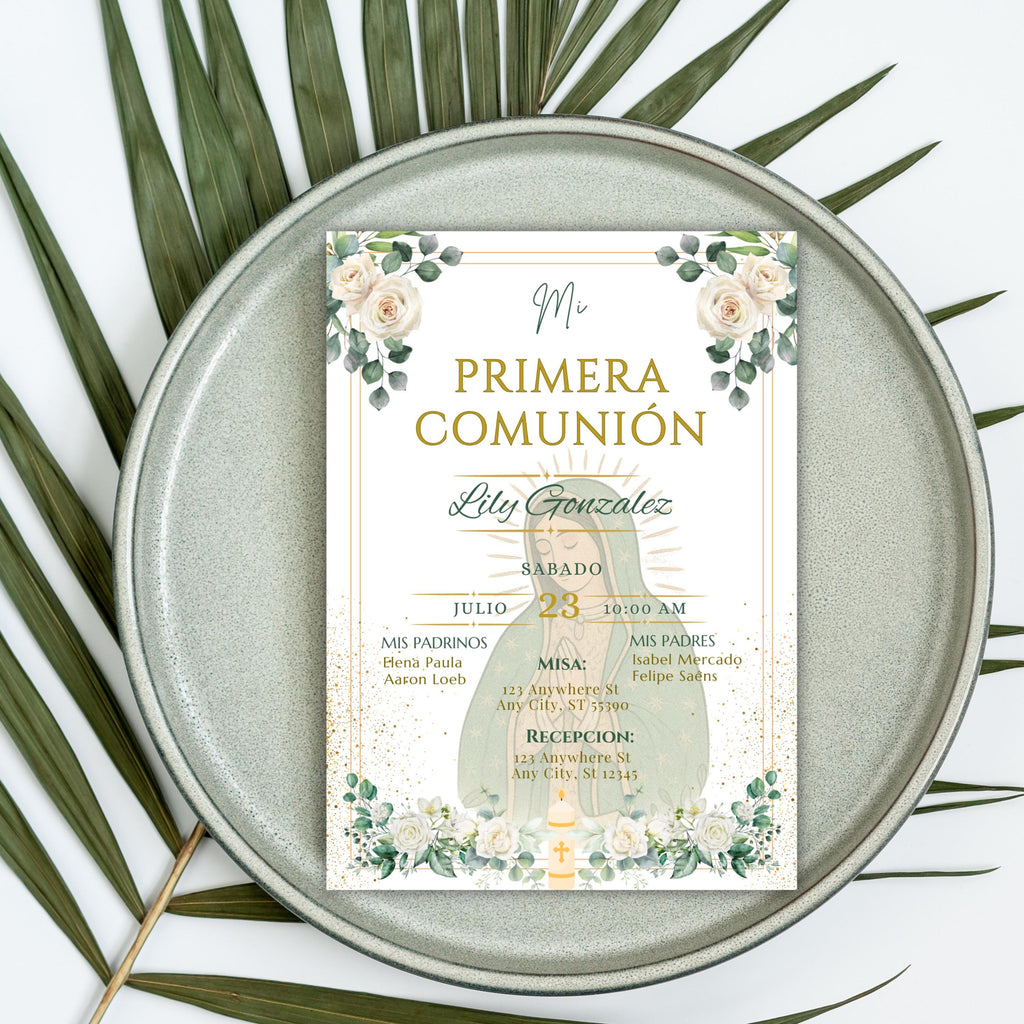 Spanish First Communion Invitation, Mi Primera Comunion Virgen de Guadalupe, Green Floral Editable Invite