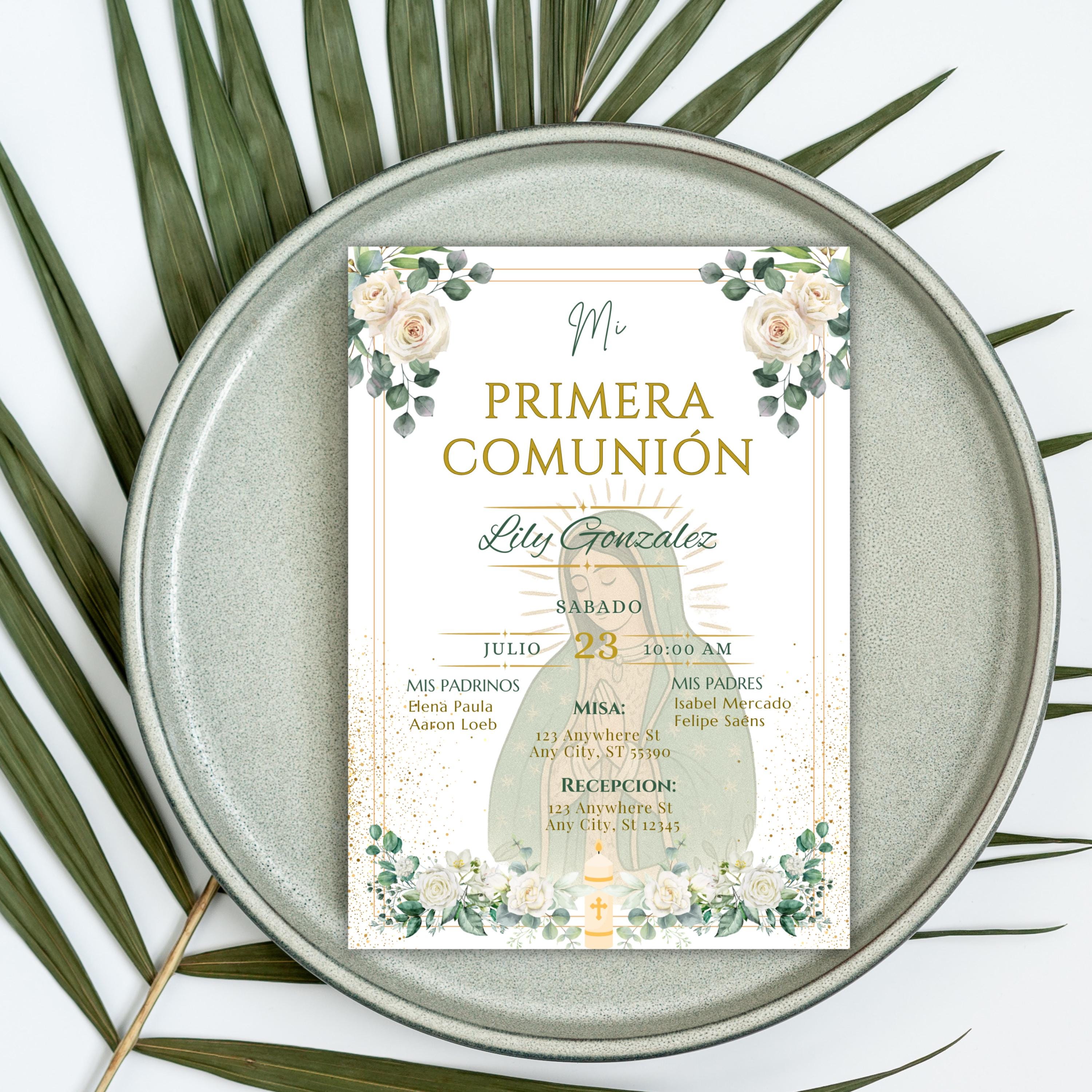 Spanish First Communion Invitation, Mi Primera Comunion Virgen de Guadalupe, Green Floral Editable Invite