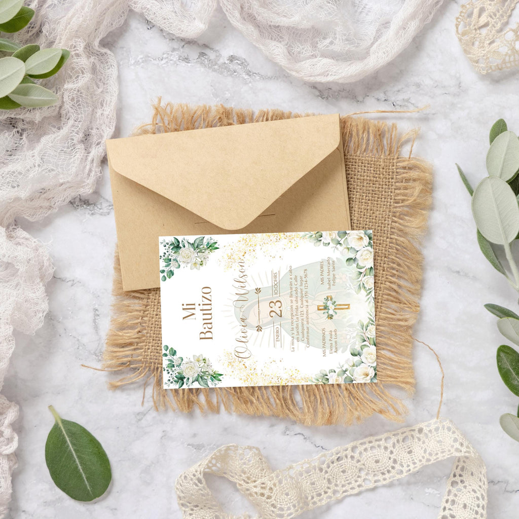 Invitacio de Bautizo Para Nina o Nino, Virgen de Guadalupe Boho Floral Invite Design