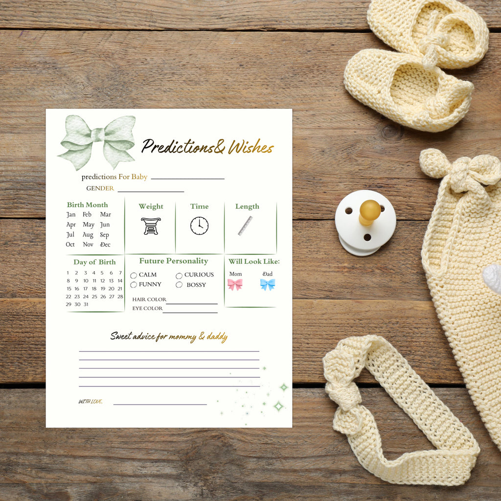 Baby Shower Predictions and Wishes Card Set,  Gender Neutral Green Advice Cards For Parents