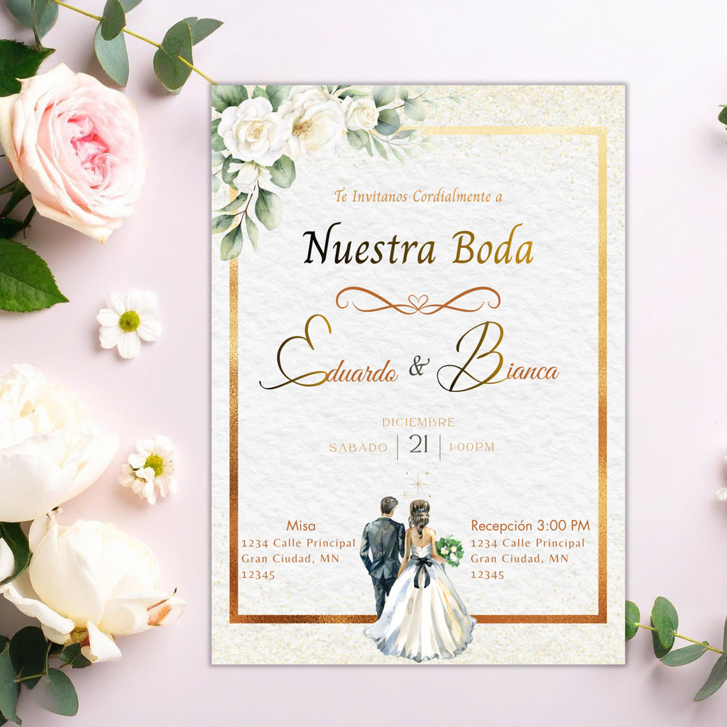 Spanish/English Elegant Wedding Invitation, Gold Floral Boho design, Bilingual Editable Digital Invite