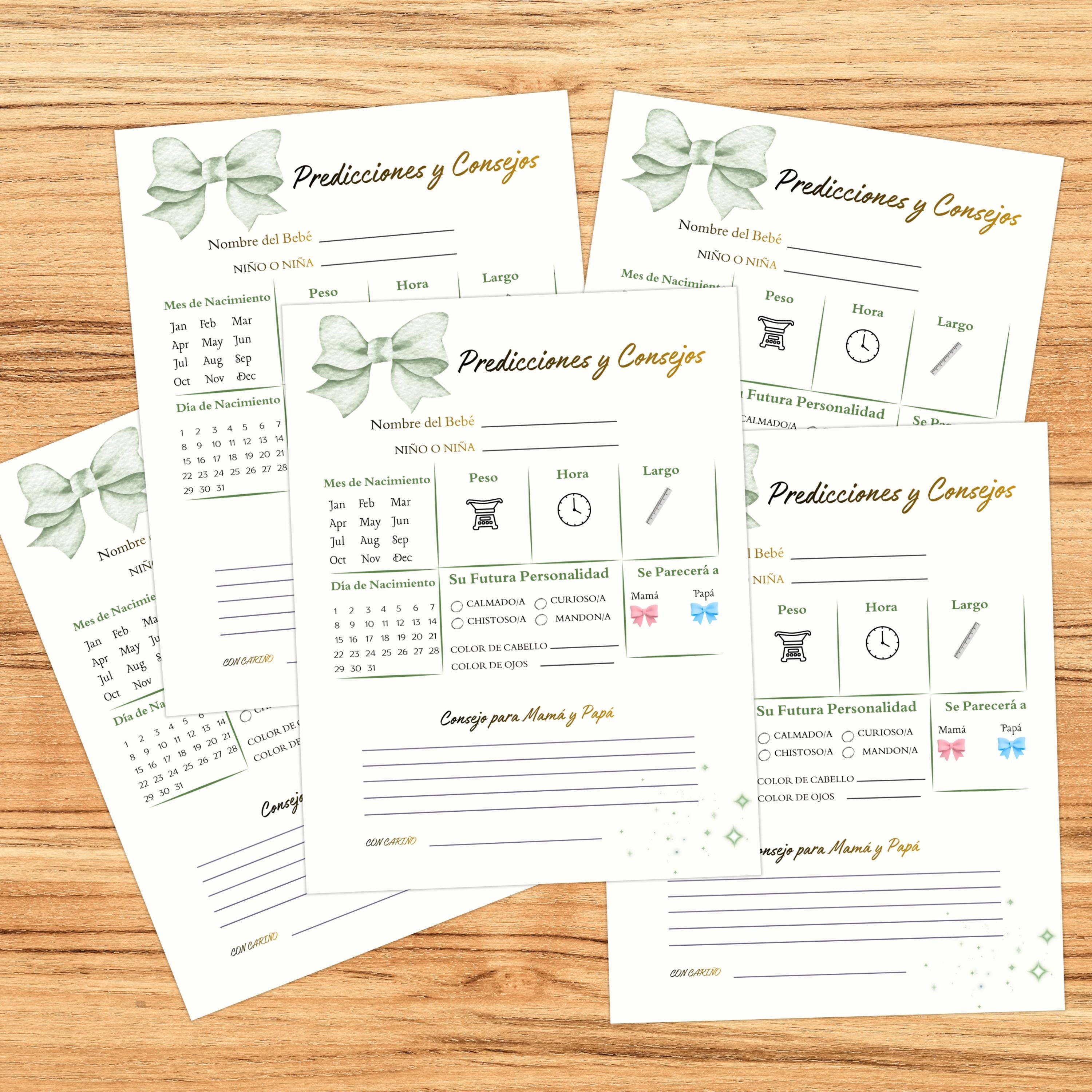 Spanish Baby Shower Prediction and Advice Card Printable, Gender Neutral Green Baby Activity Game