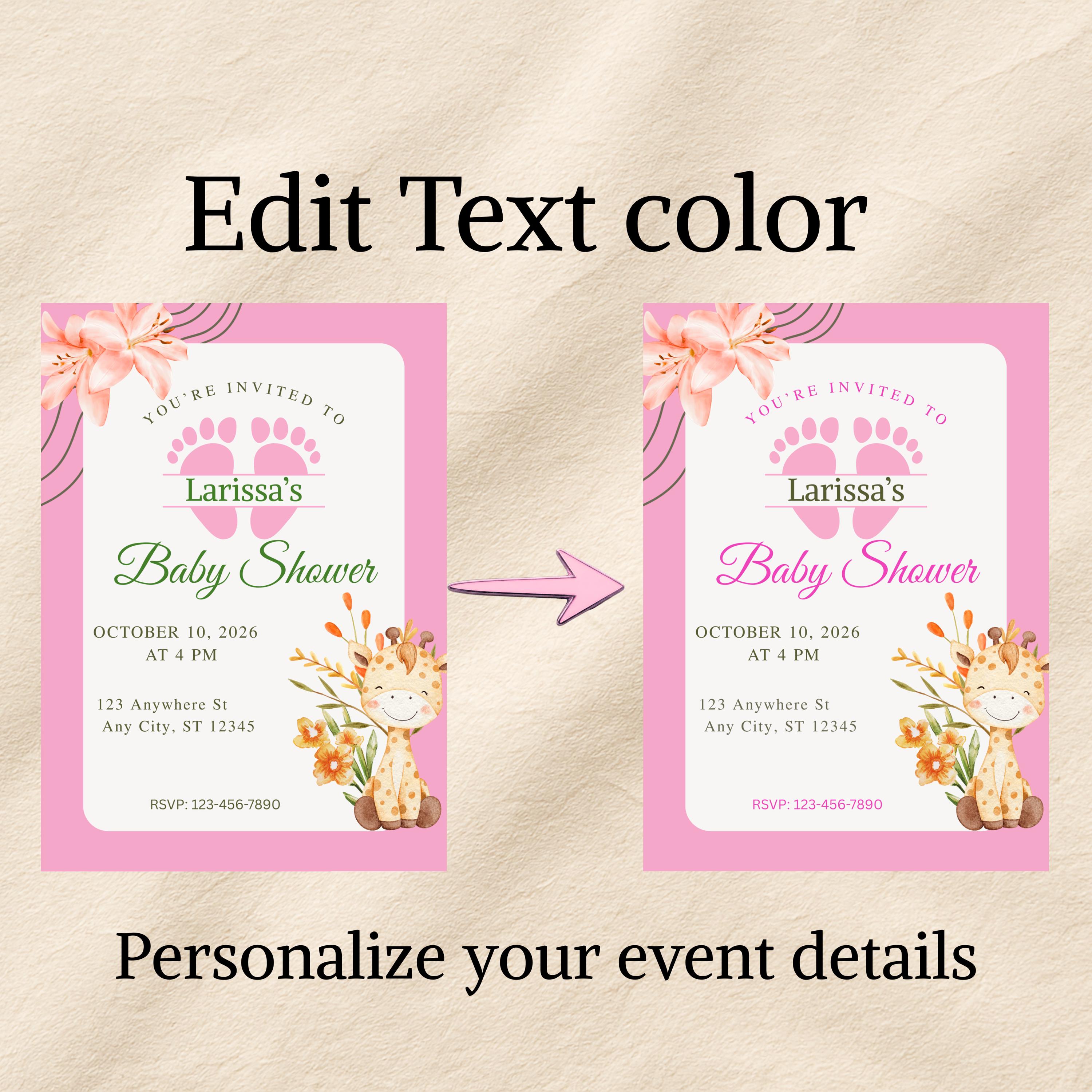 Editable Baby Shower Invitation Girl, Personalized Pink Party Invite, Canva Template, Instant Download