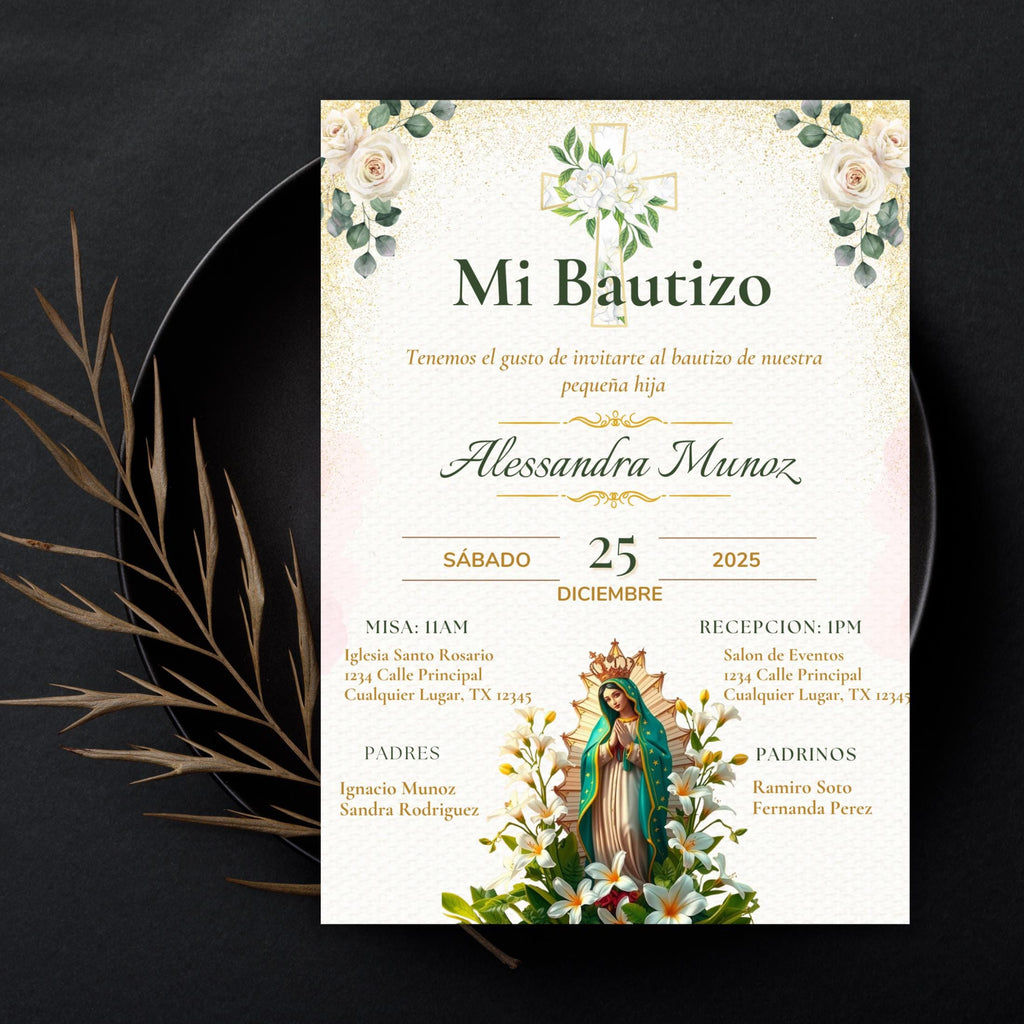 Virgen de Guadalupe Baptism Invitation: Spanish/English Boho Floral Religious Invite (Digital Download)
