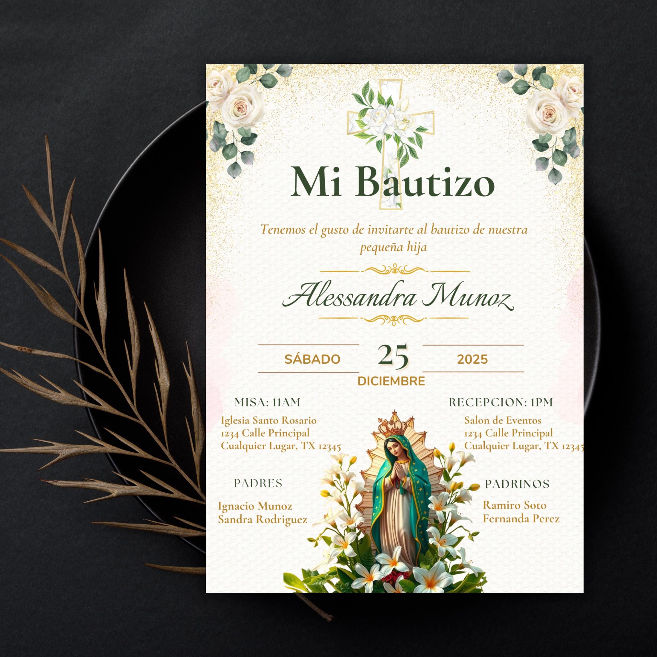 Virgen de Guadalupe Baptism Invitation: Spanish/English Boho Floral Religious Invite (Digital Download)