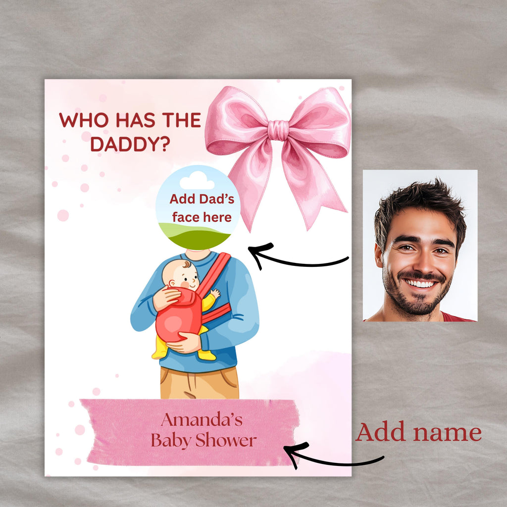 Who Has The Daddy Baby Shower Game, Pink Bow Scratch-off- Card Coquette Theme,  Digital Download