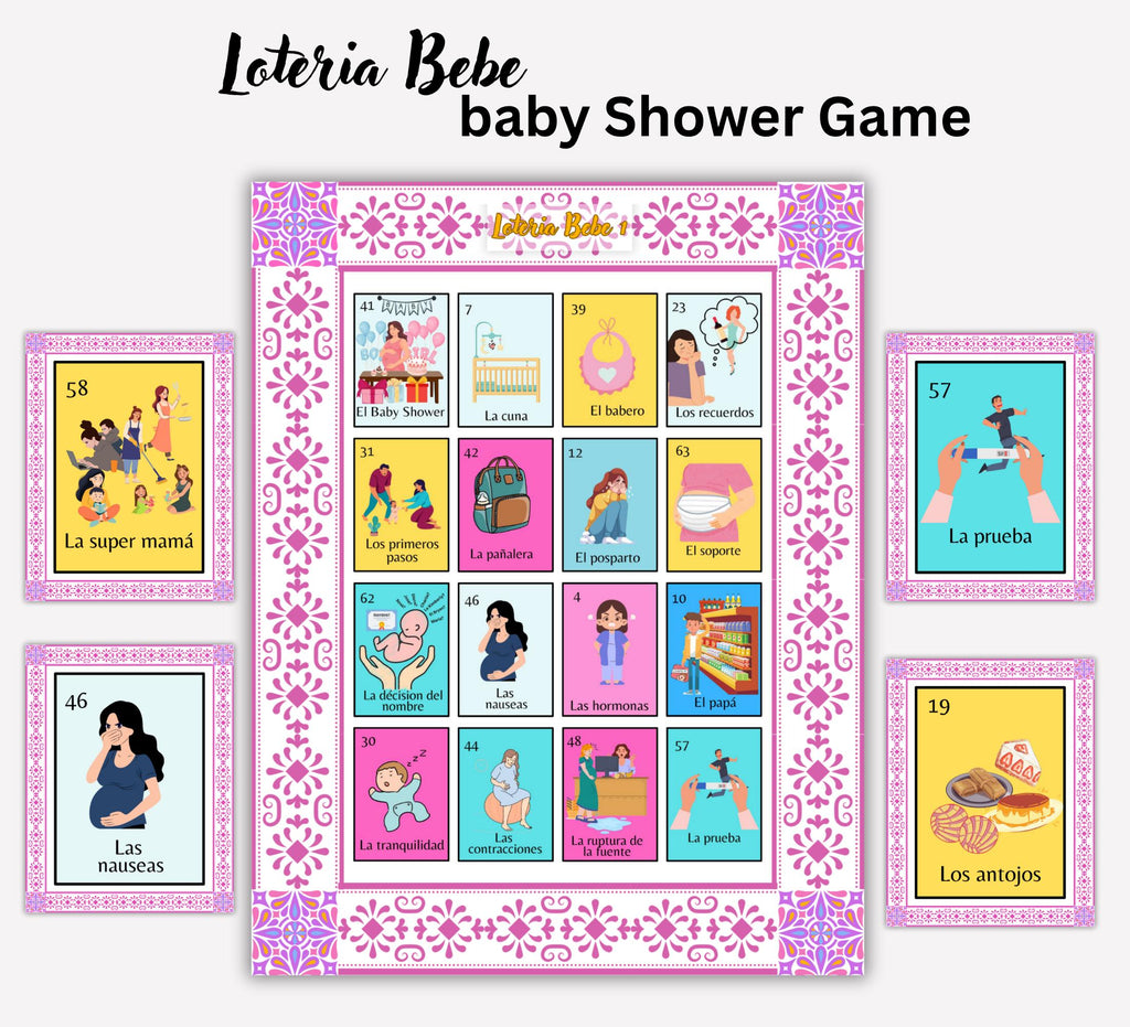 Loteria Baby Shower Game: Mexican Talavera Theme, Pink Cielito Lindo (PDF Downloadable Files)
