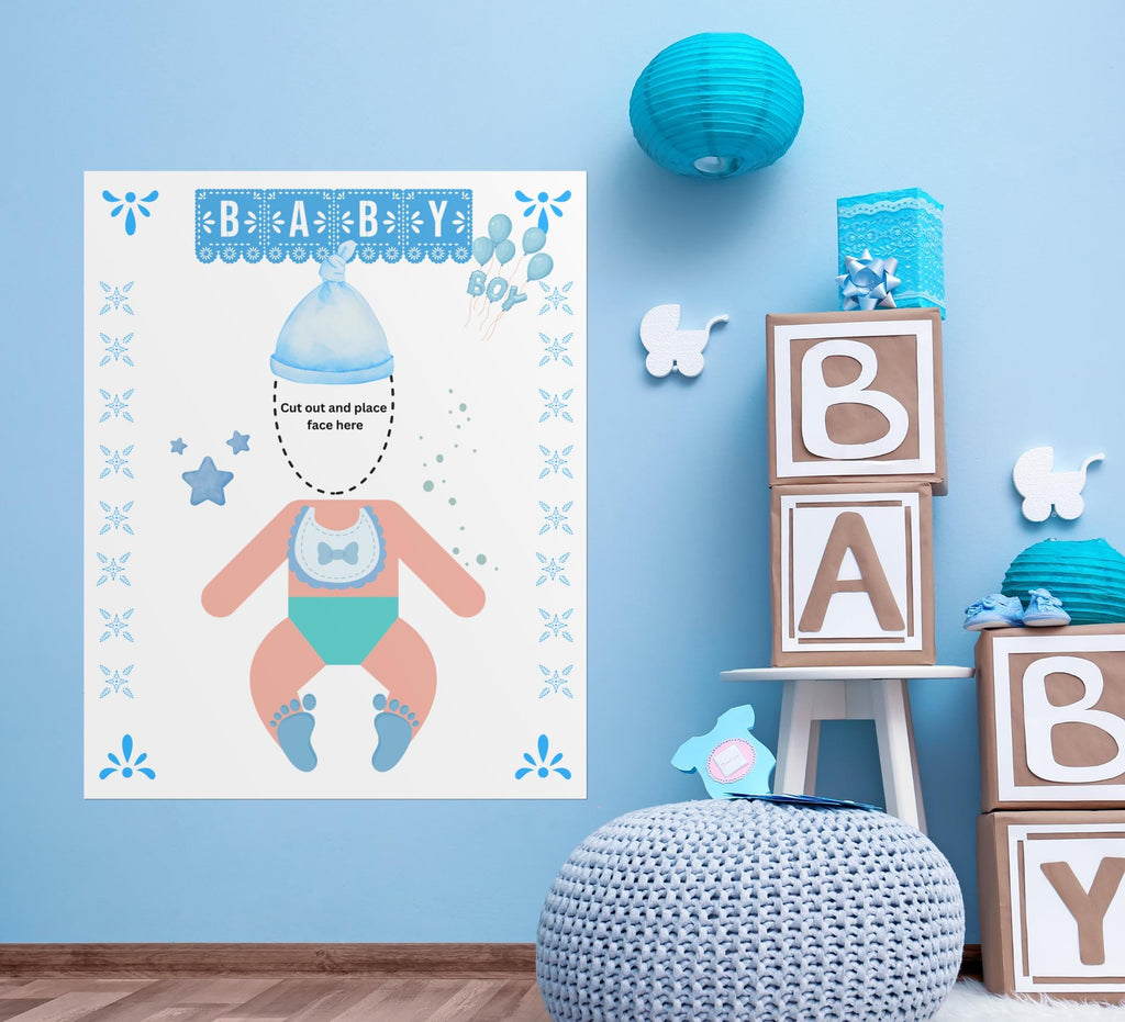Funny Baby Shower Game: Feed the Baby Poster, Blue Theme (Digital Download) Face Cut Out