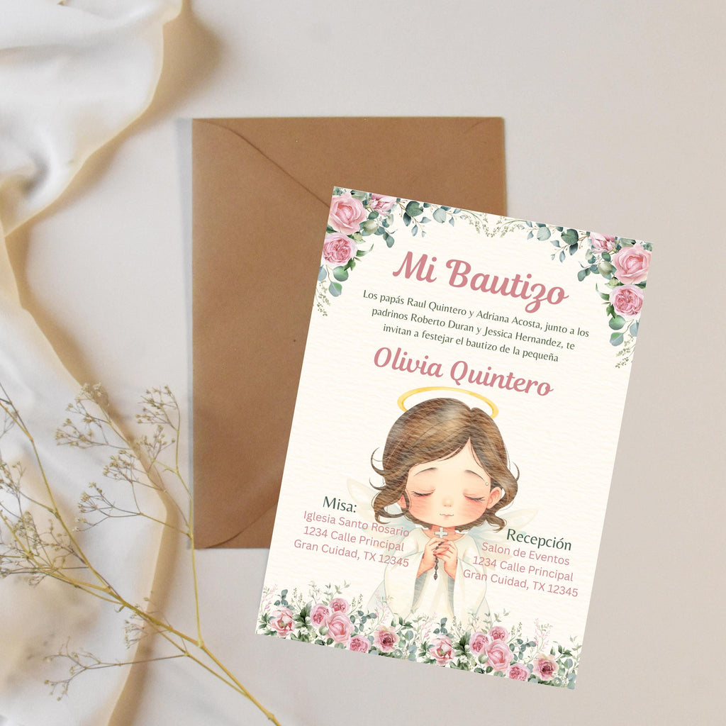 Editable Baptism Invitation, Pink & Green Floral Printable Christening Invite, Instant Download Template