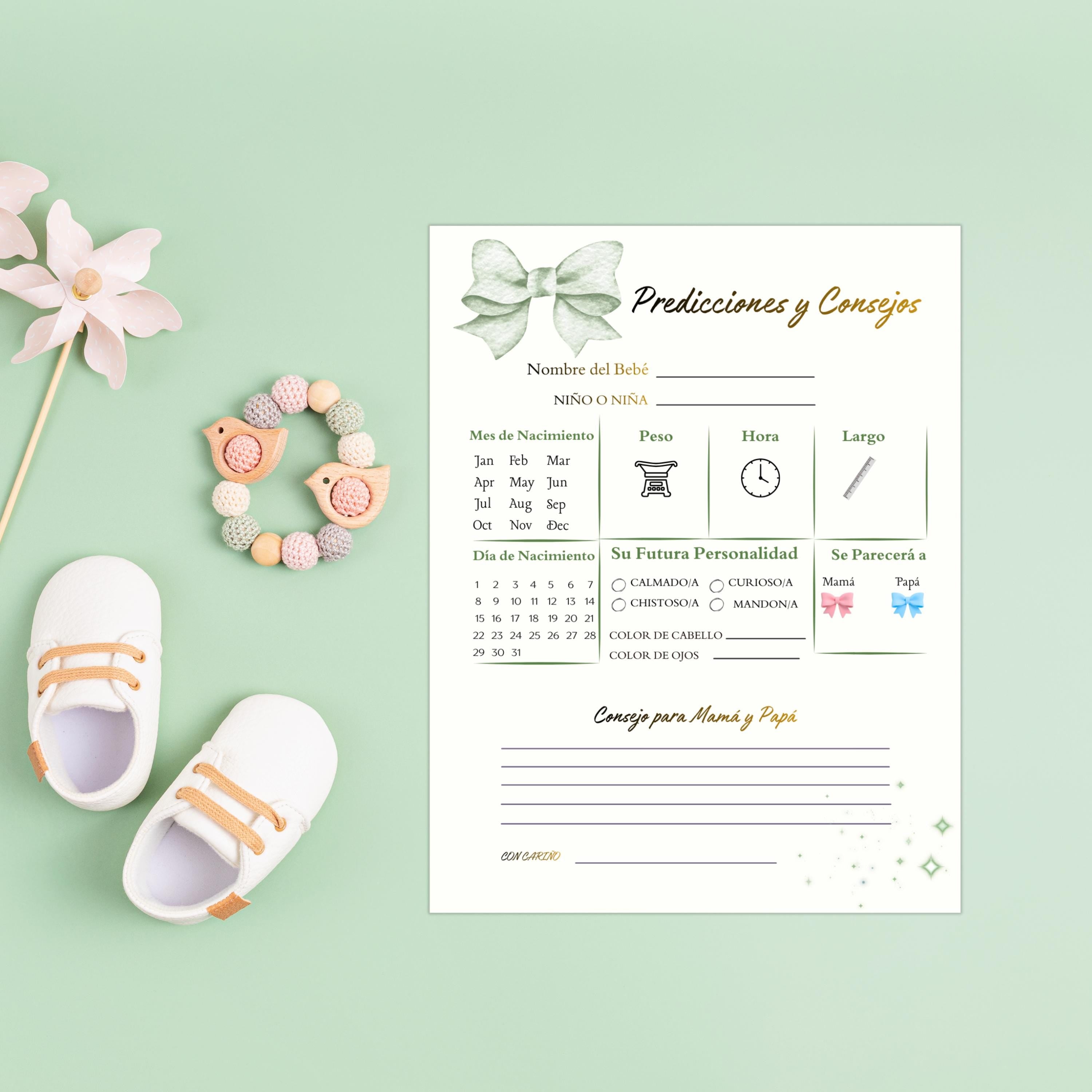 Spanish Baby Shower Prediction and Advice Card Printable, Gender Neutral Green Baby Activity Game