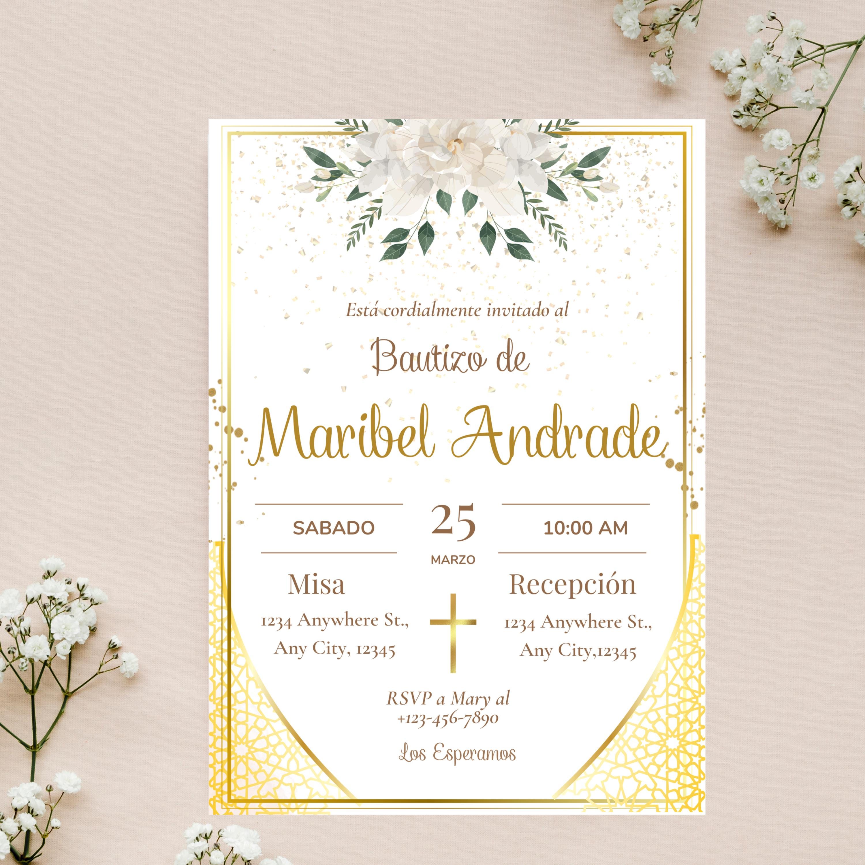 Baptism Gold Spanish Invitation Template, Elegant Mi Bautizo 5x7 Digital Invite, Printable Christening Invitation