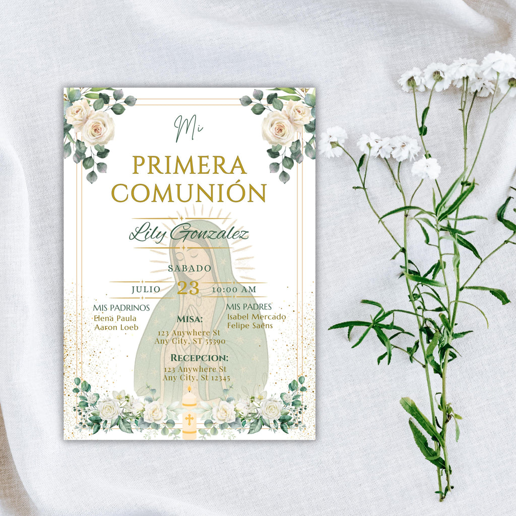 La Virgen De Guadalupe First Communion Invitation: Green & Gold Floral design Invite