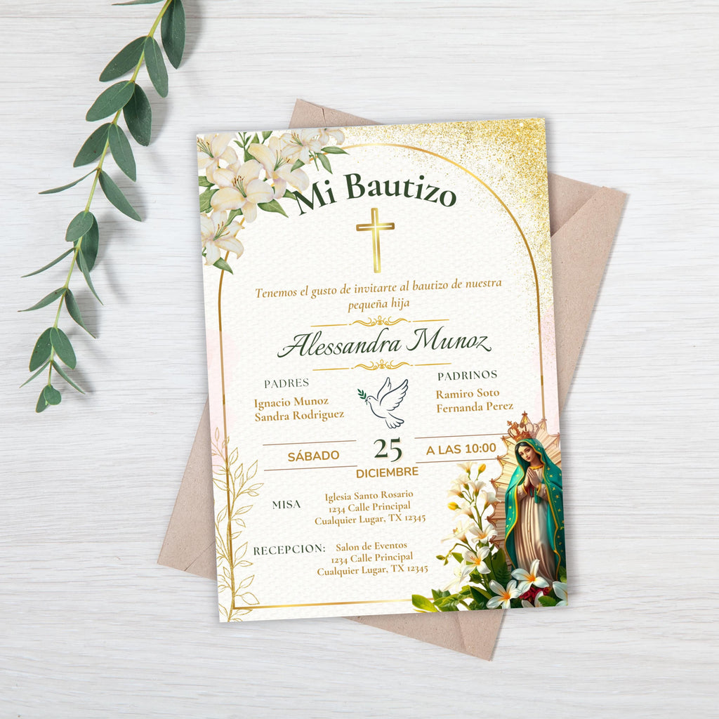 Baptism Editable Virgen de Guadalupe Invitation, Spanish/English Religious Invite,  Personalized Christening Invitation