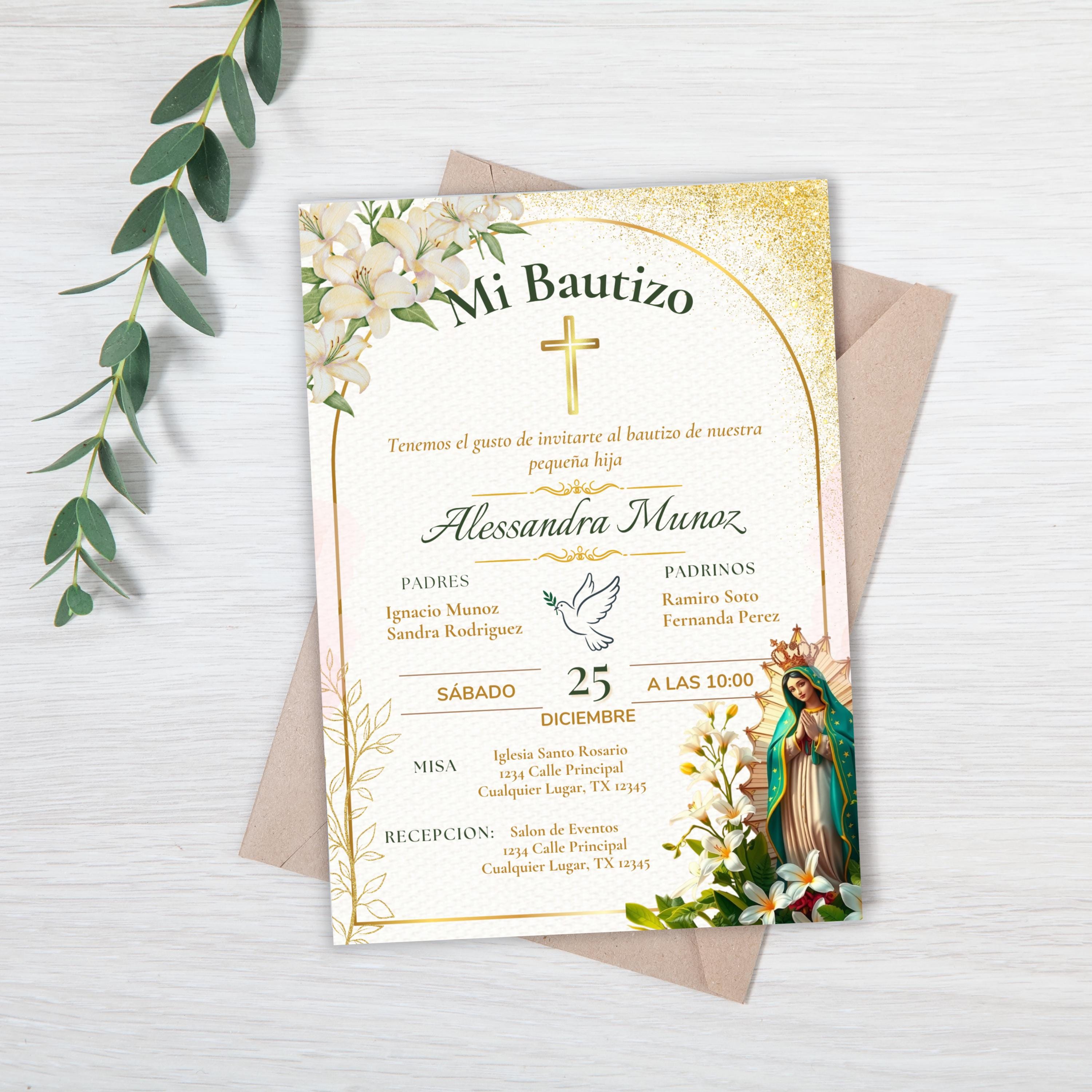 Baptism Editable Virgen de Guadalupe Invitation, Spanish/English Religious Invite,  Personalized Christening Invitation