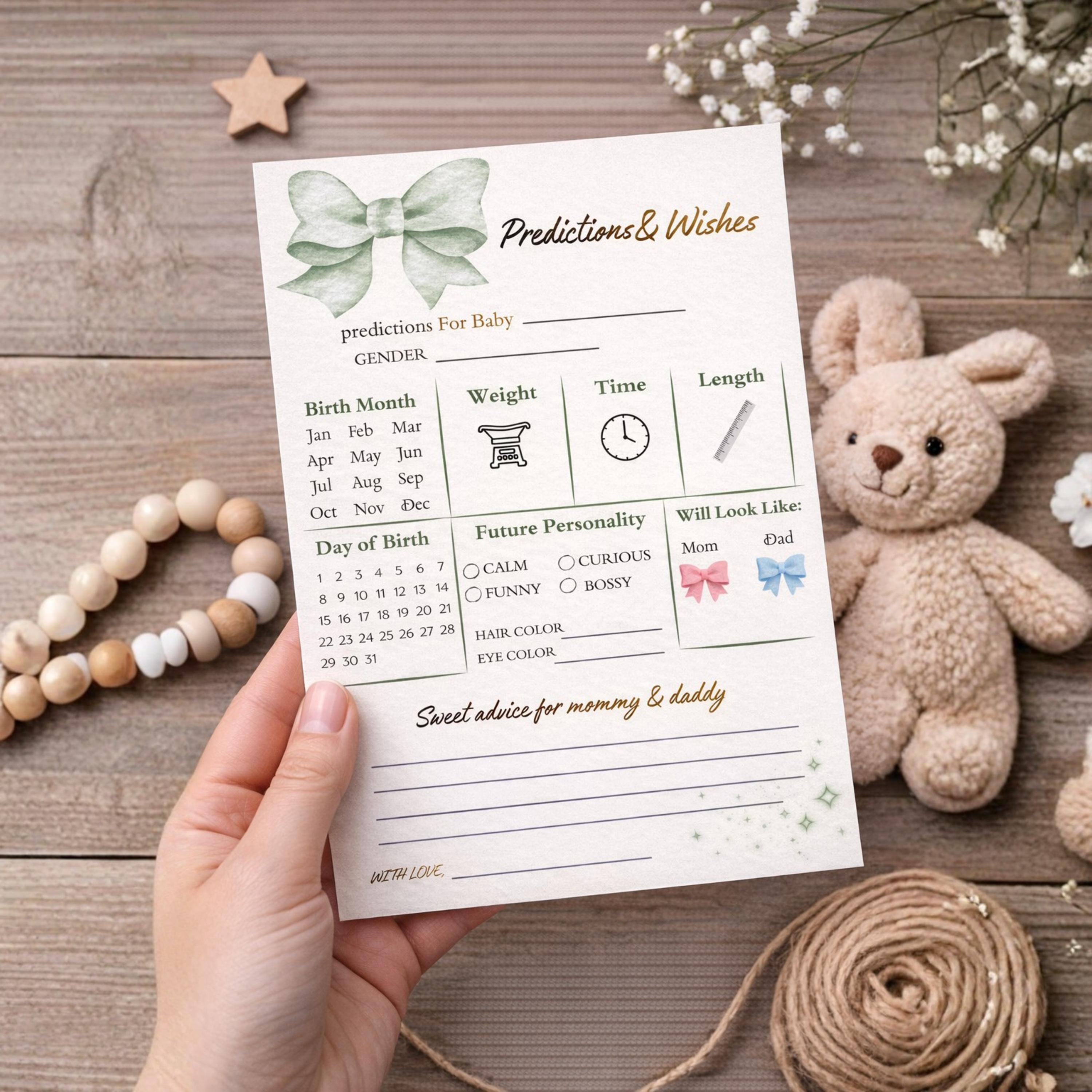Baby Shower Predictions and Wishes Card Set,  Gender Neutral Green Advice Cards For Parents