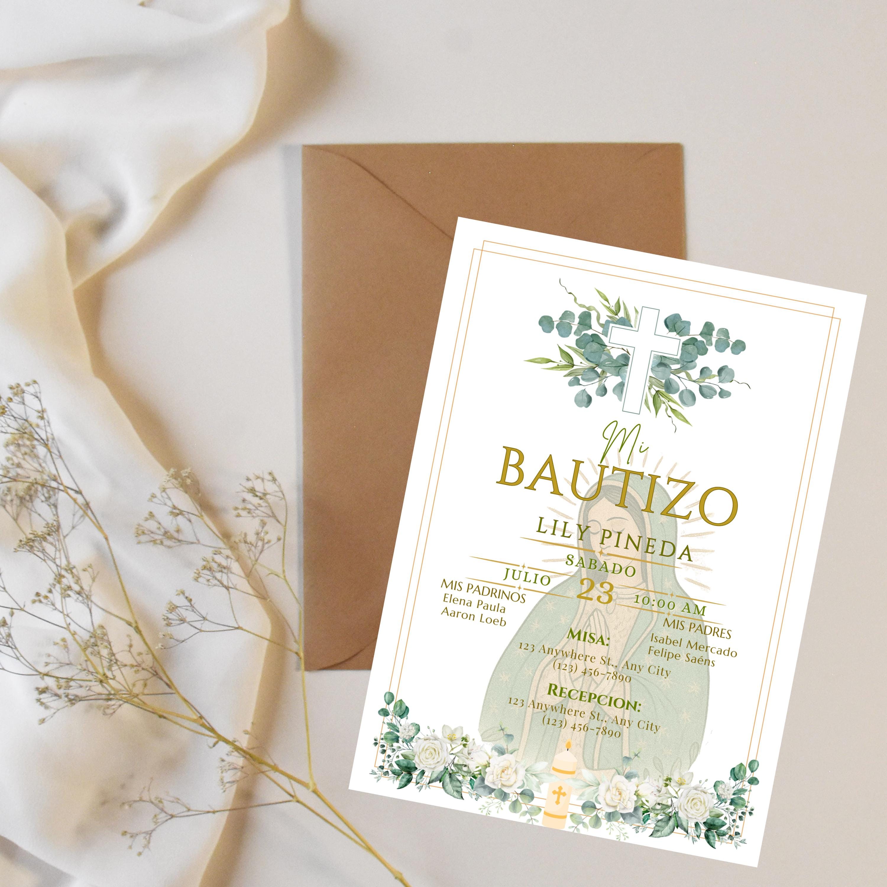 Virgin of Guadalupe Baptism Invitation, Floral Spanish Bautismo (PDF File)